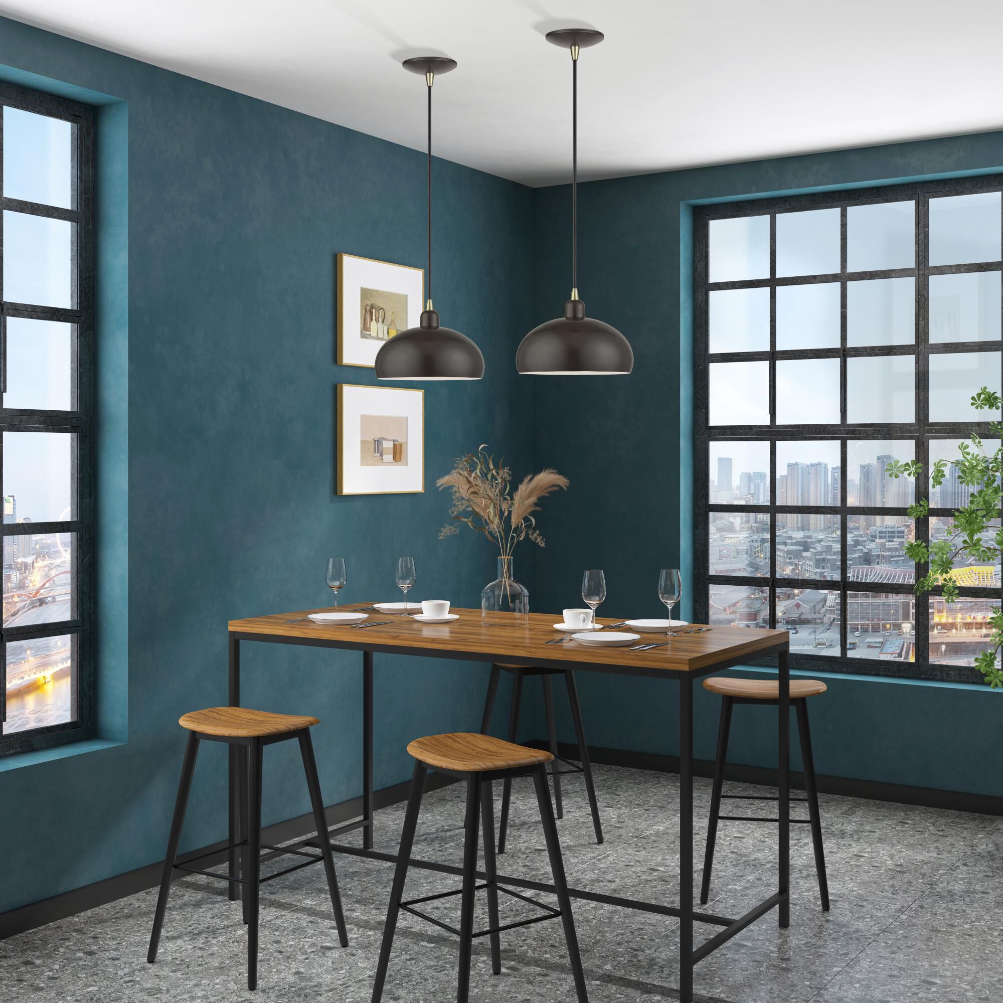 Shown in English Bronze with Antique Brass Accents finish and English Bronze Steel with Shiny White Inside shade