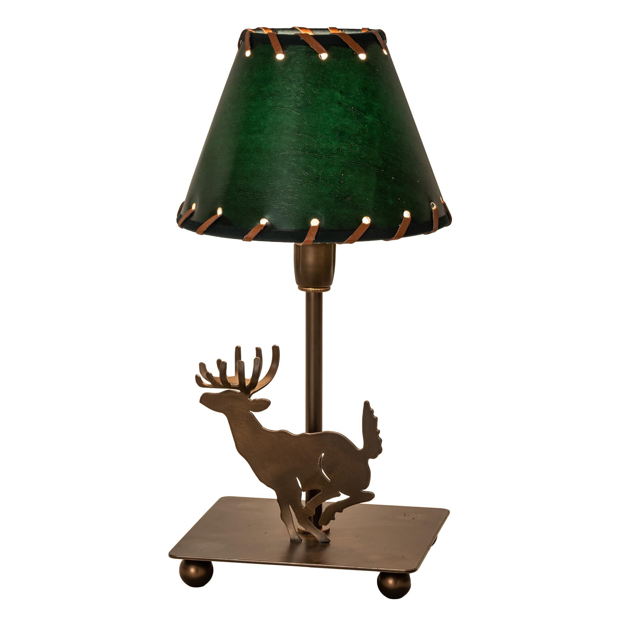 Shown in Antique Copper finish and Forest Green Faux Leather shade