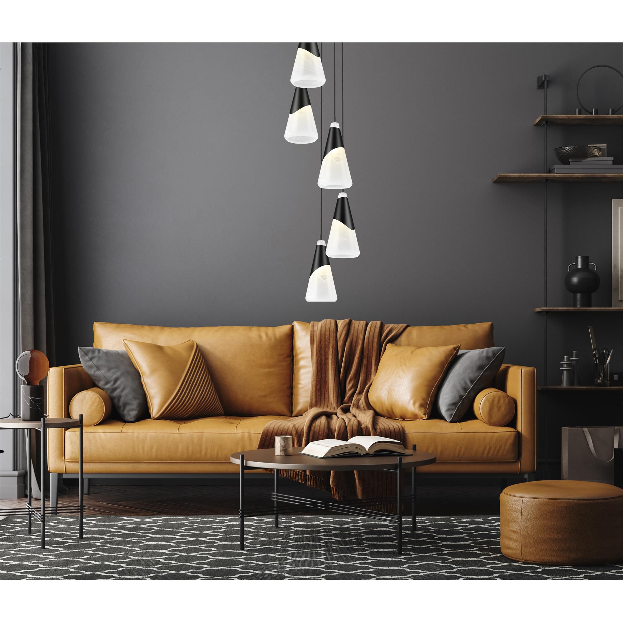 Shown in Matte Black finish and White Swirl glass and White Swirl shade
