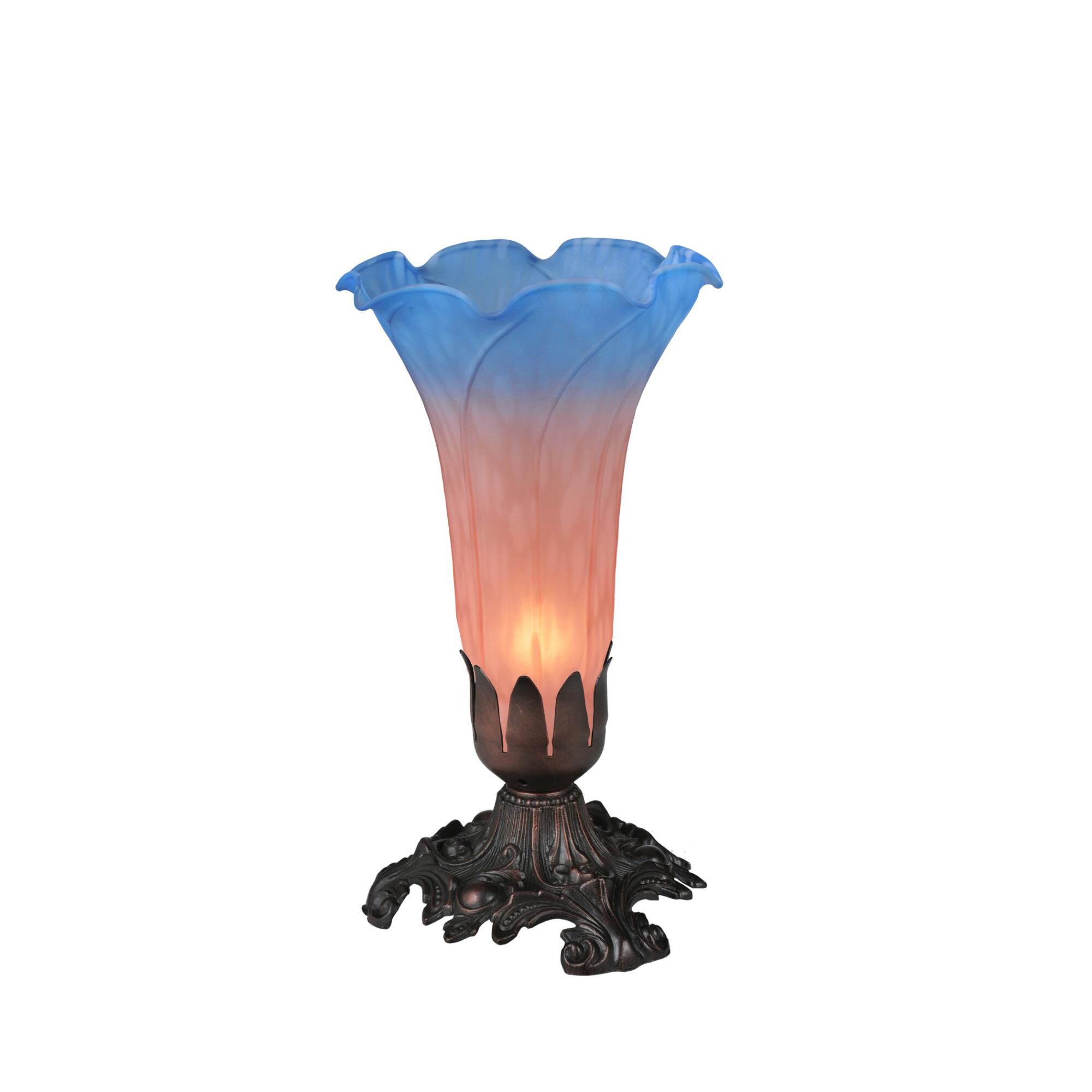 Shown in Antique Finish finish and Mottled Indigo Blue-Pink glass
