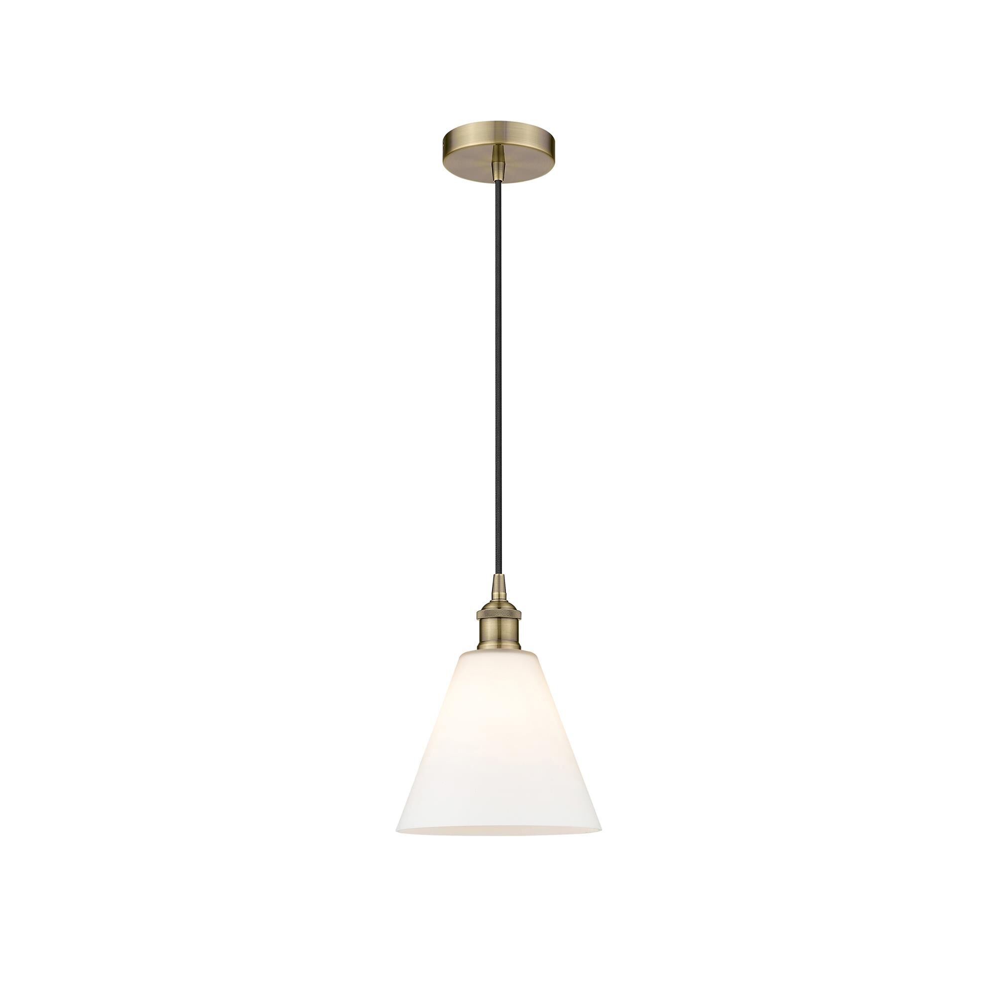 Shown in Antique Brass finish and Matte White glass