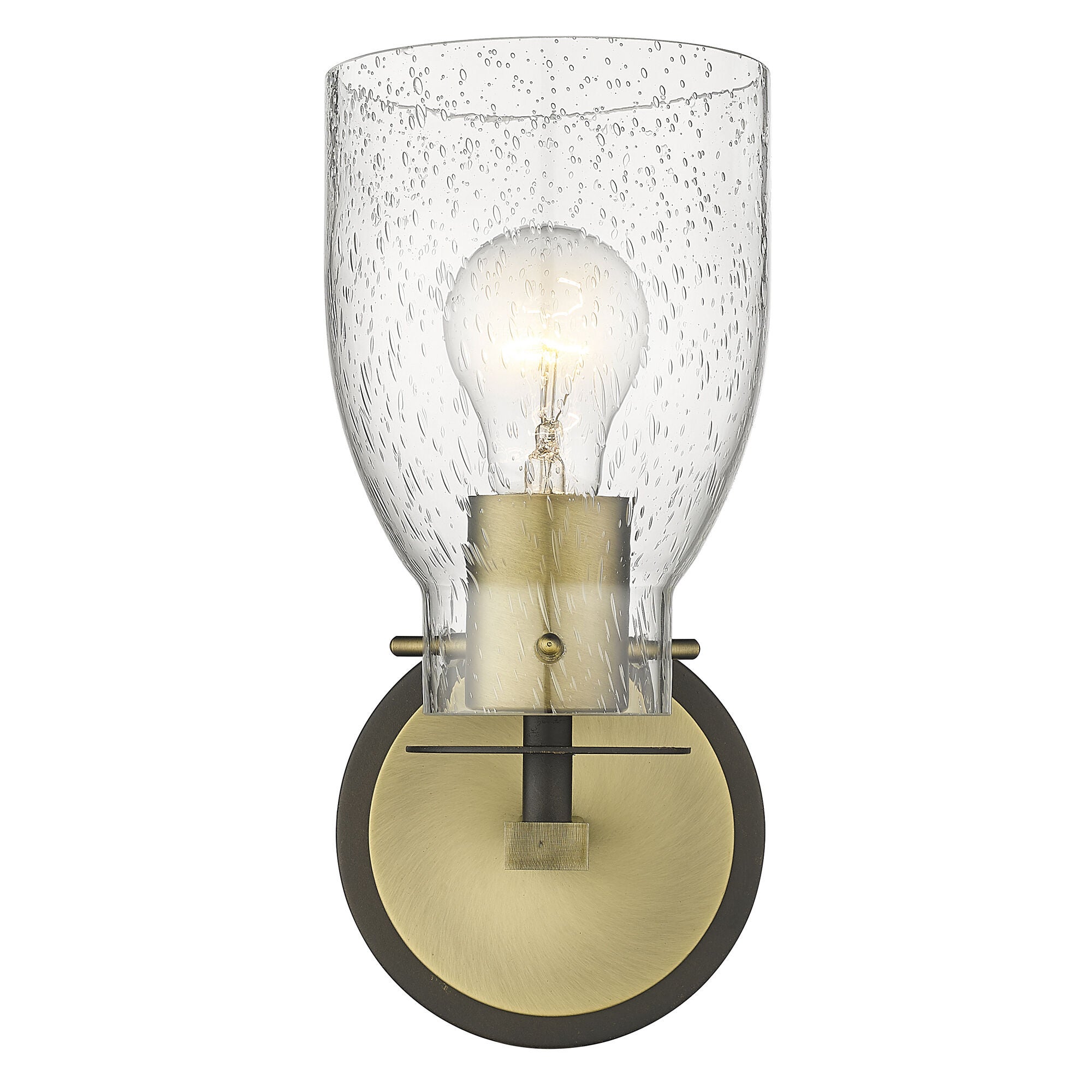 Shown in Oil Rubbed Bronze And Antique Brass finish and Clear Seedy Glass shade