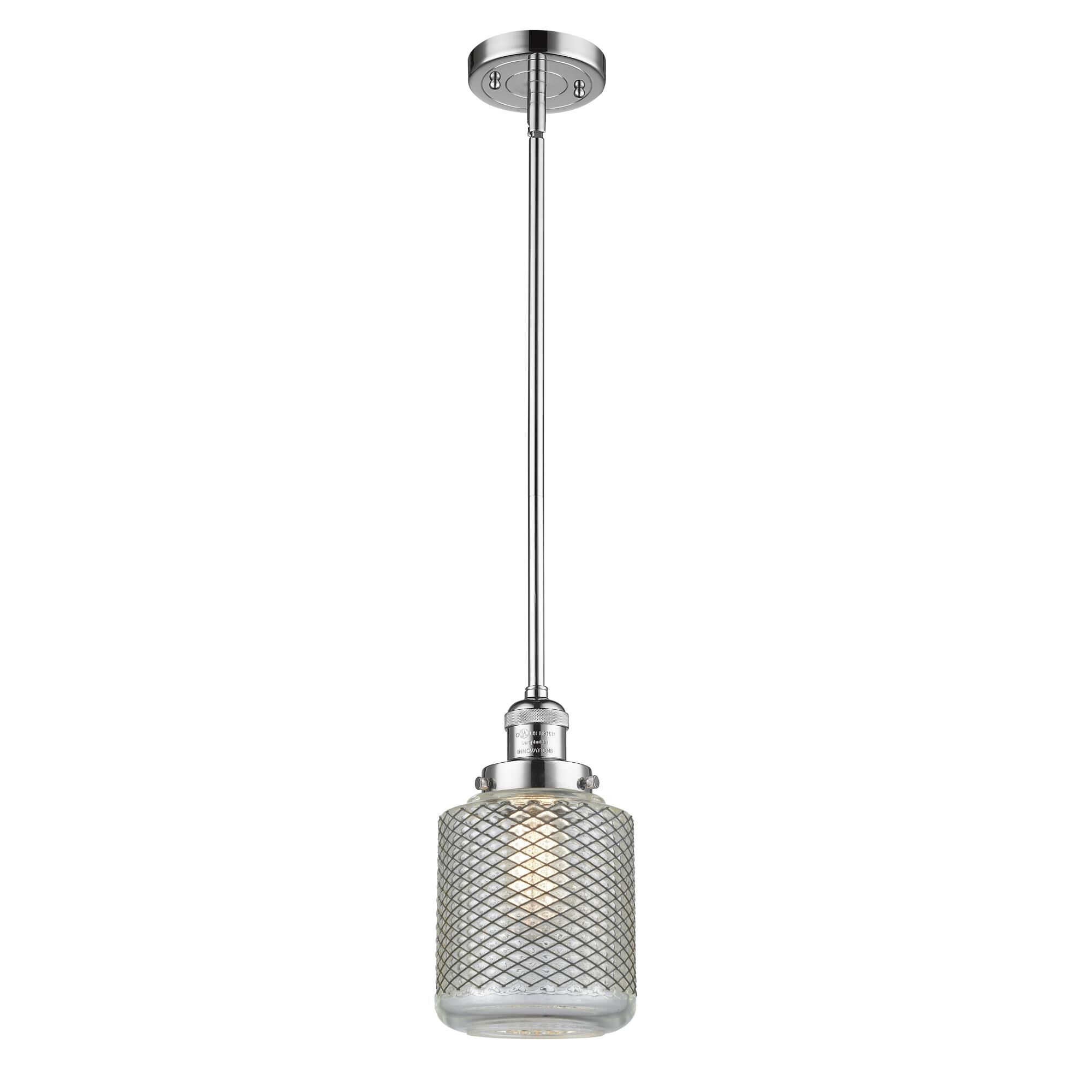 Shown in Polished Chrome finish and Vintage Wire Mesh Stanton shade and Stem accent