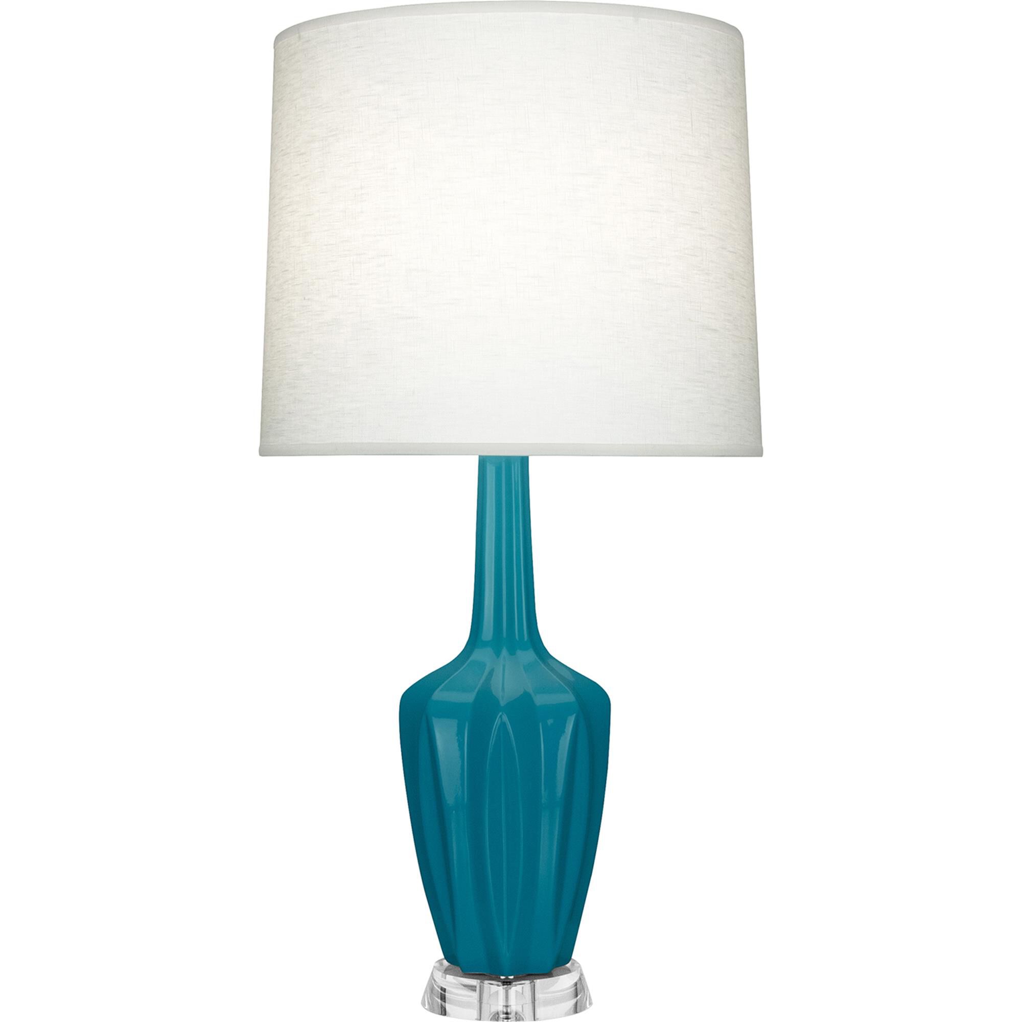 Shown in Peacock finish and Off White shade and Polished Nickel with Lucite accent