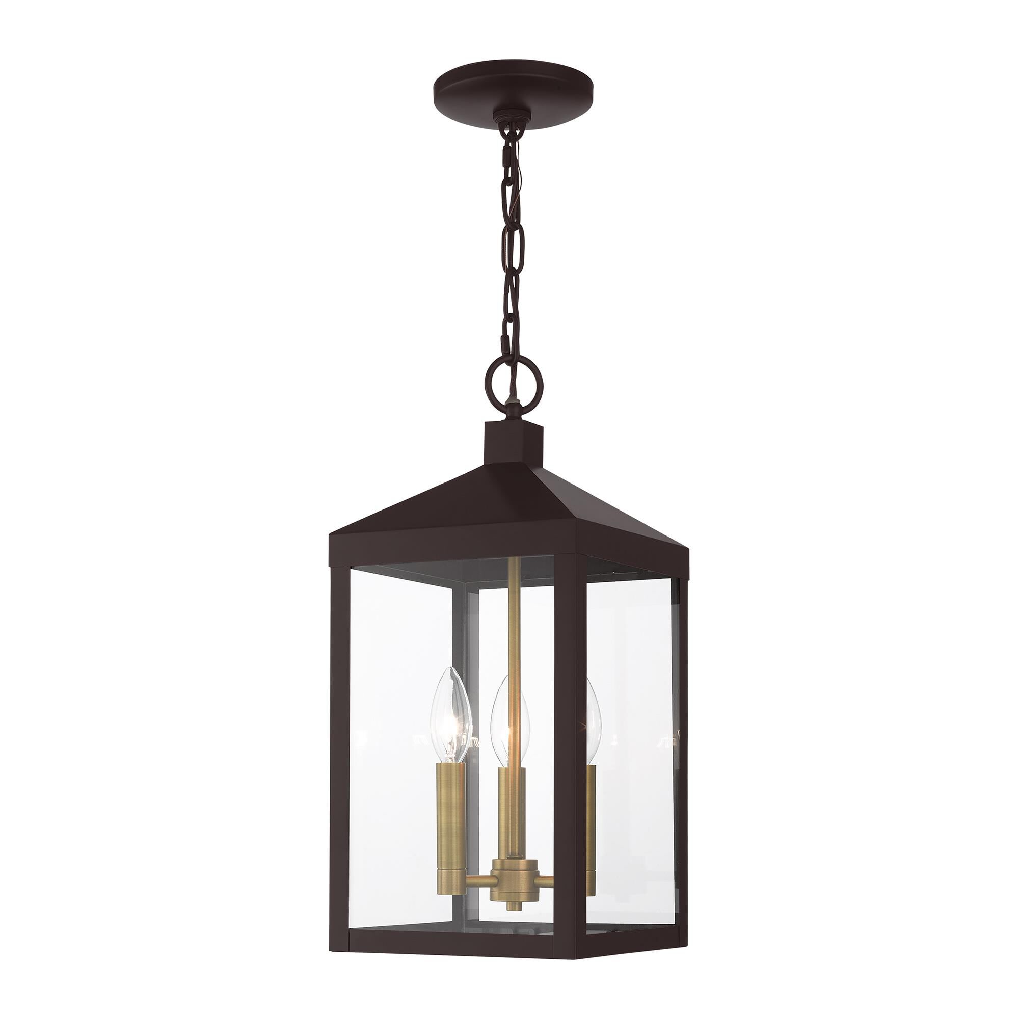 Shown in Bronze With Antique Brass Cluser finish and Clear glass and Clear Glass shade