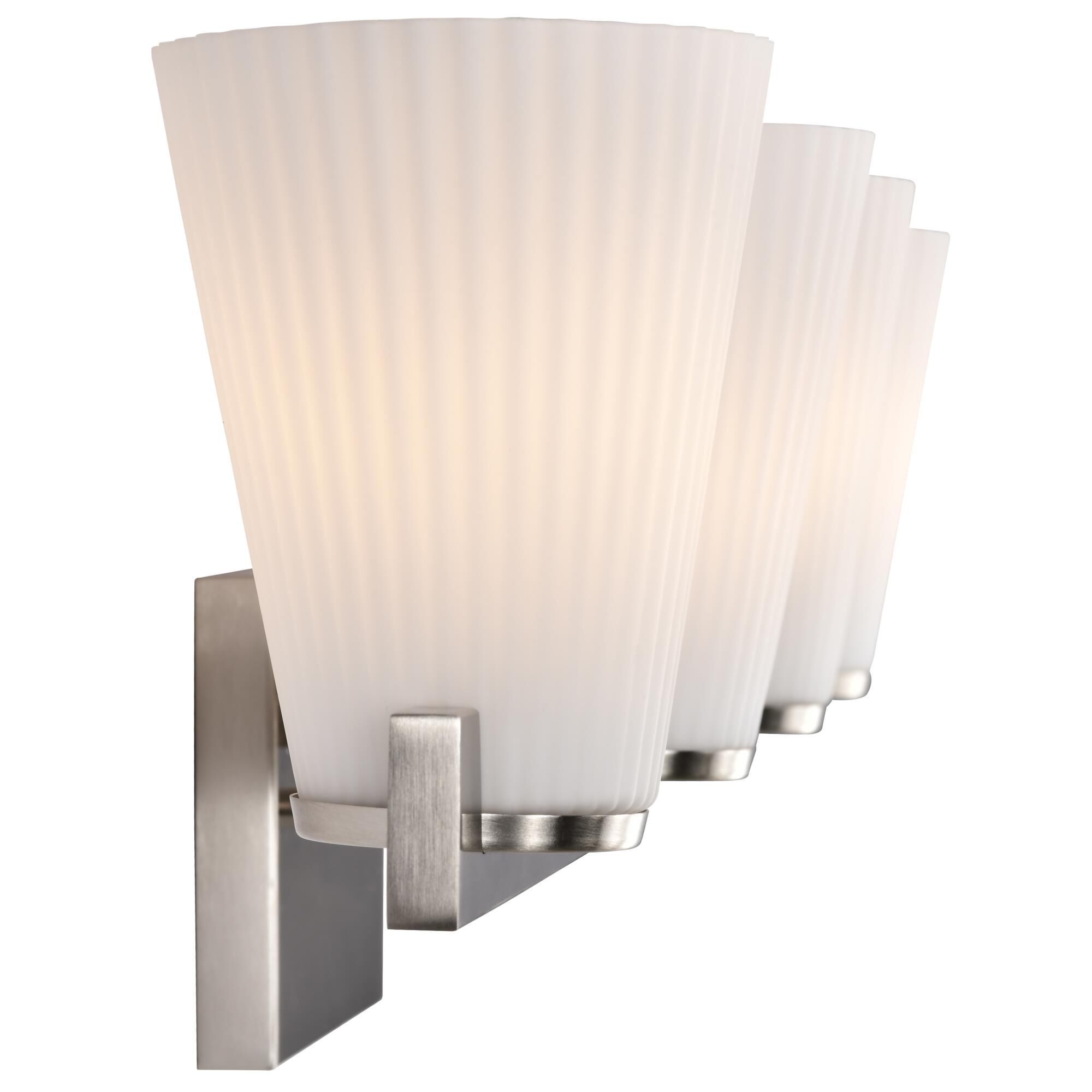 Shown in Brushed Nickel finish and Ribbed White glass