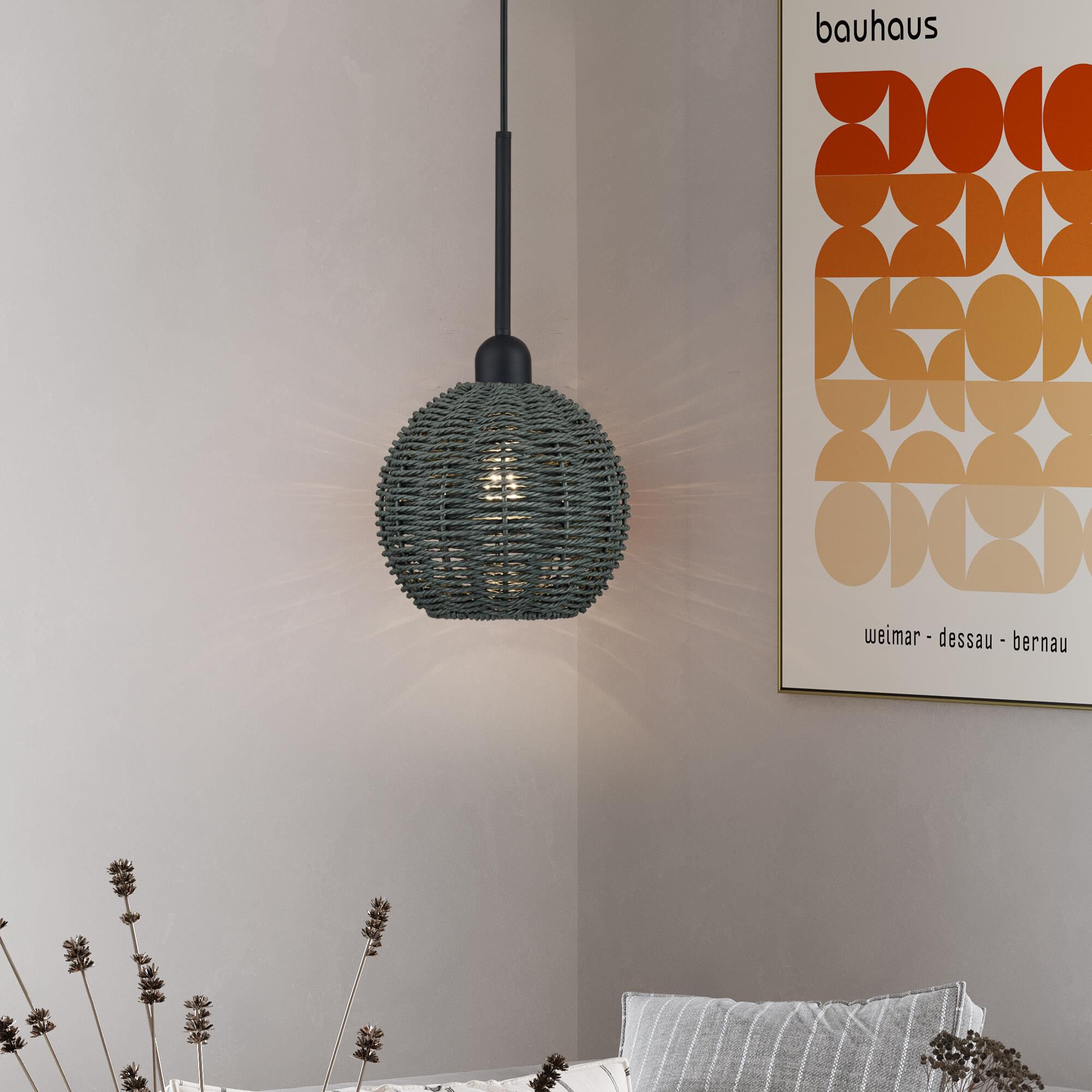 Shown in Black finish and Hand-Woven Midnight Black Color Paper Rope shade