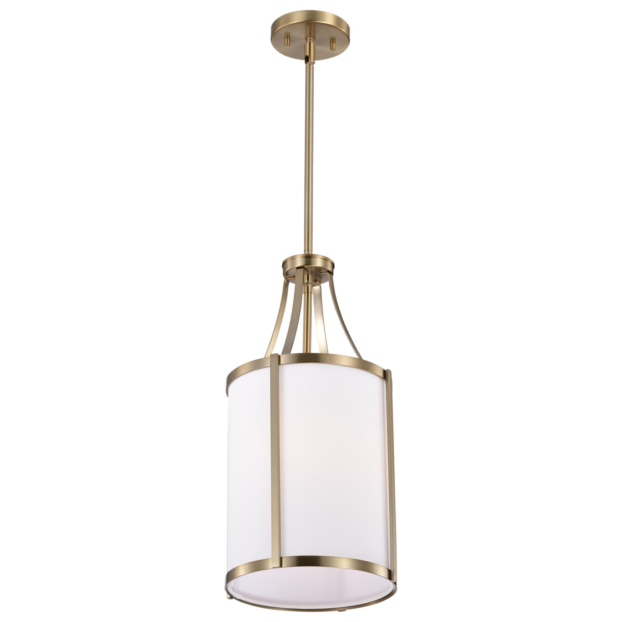Shown in Burnished Brass finish and White Linen shade