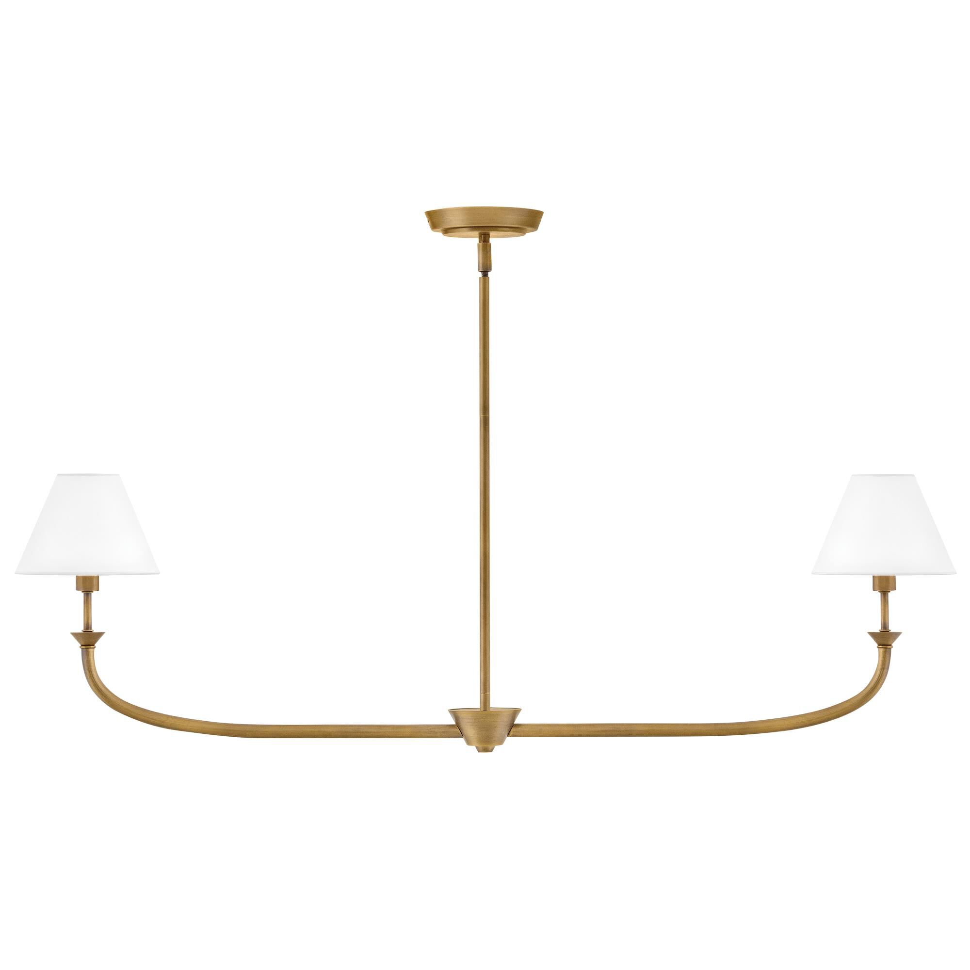 Shown in Heritage Brass finish and Off-White Linen shade