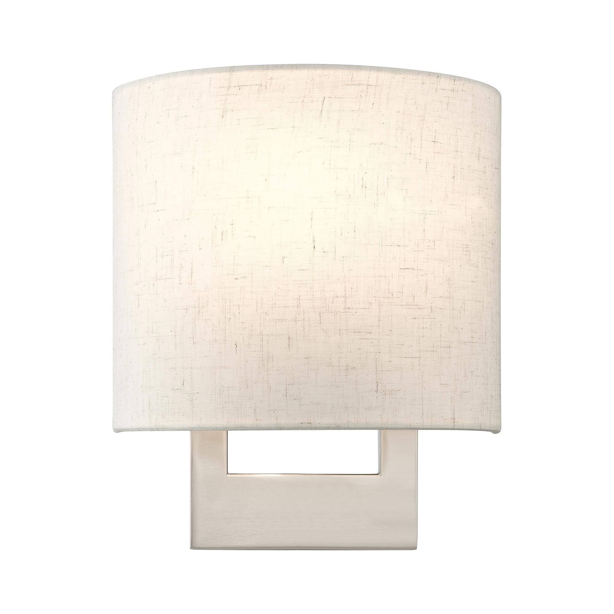 Shown in Brushed Nickel finish and Hand Crafted Oatmeal Color Hardback Fabric with White Fabric Inside shade