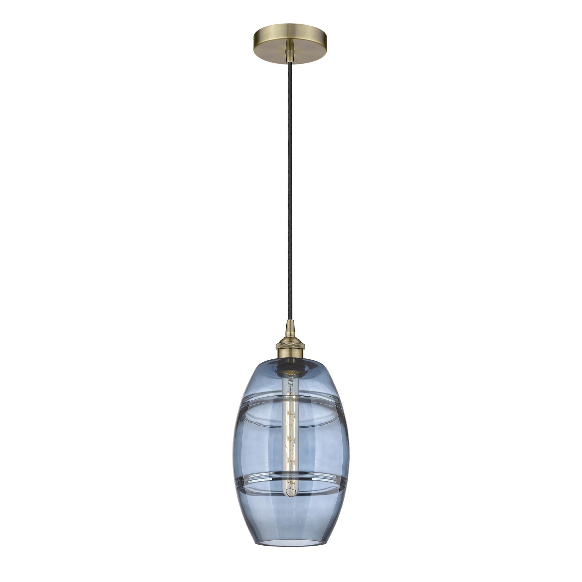 Shown in Antique Brass finish and Princess Blue glass
