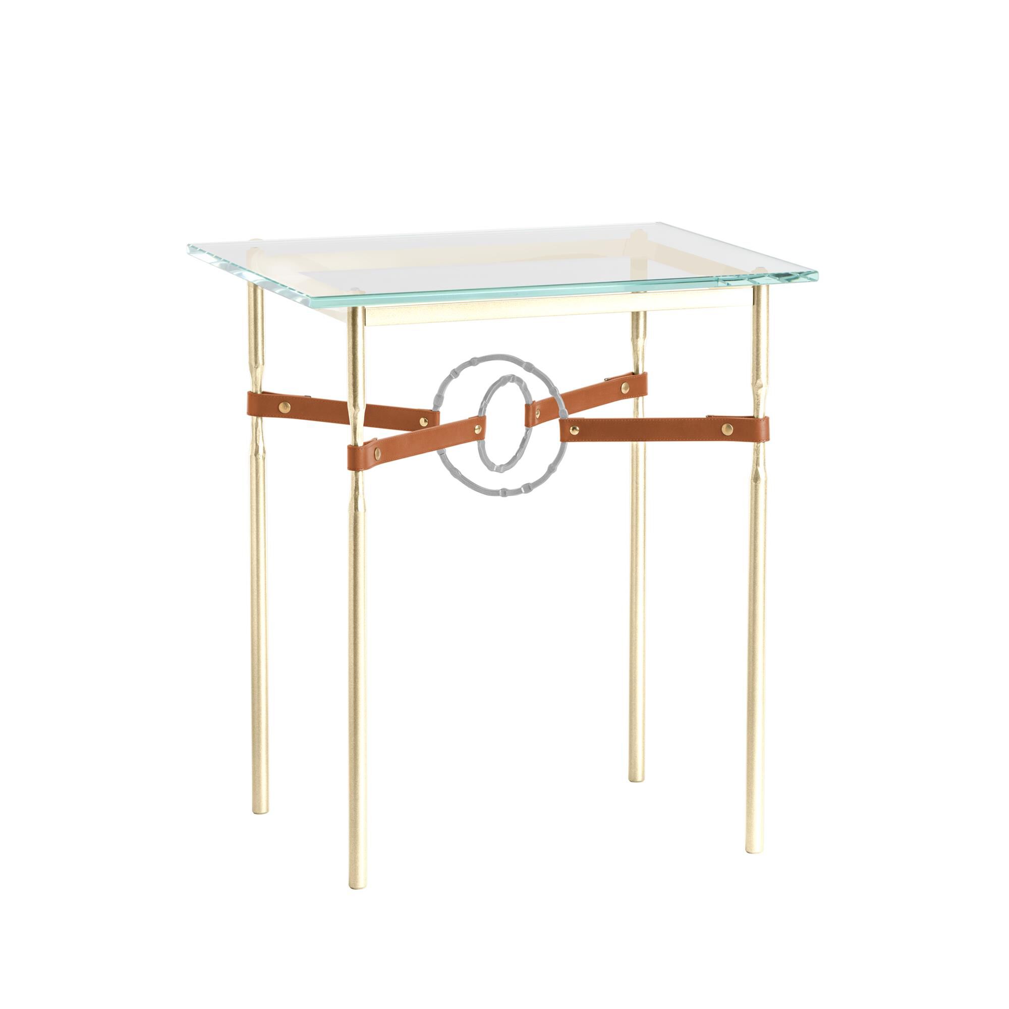 Shown in Modern Brass finish and Vintage Platinum Metal Detail with Chestnut Leather accent