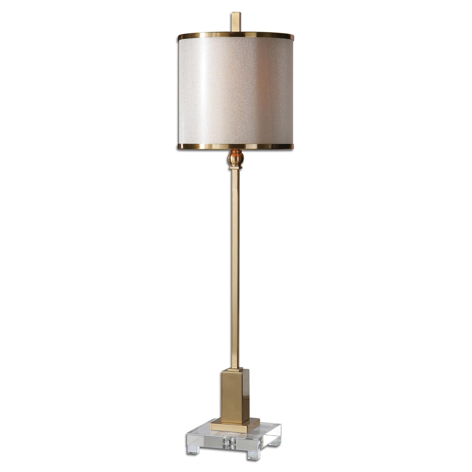 Shown in Brush Brass finish and Warm Champagne shade
