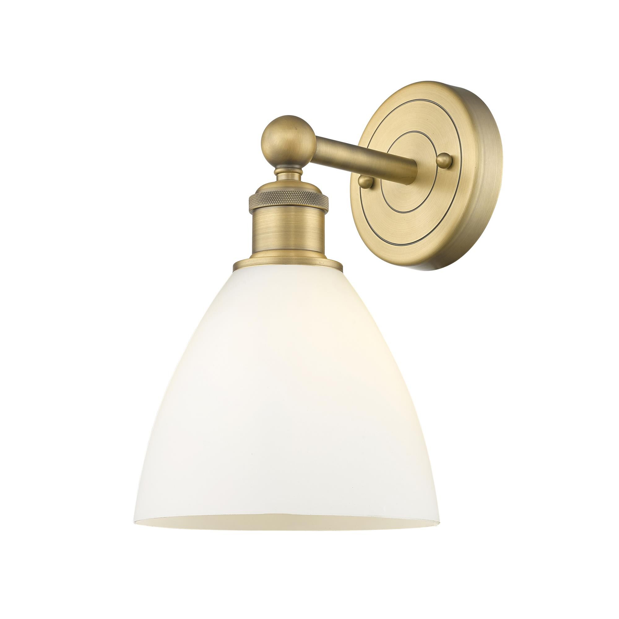 Shown in Brushed Brass finish and Matte White glass