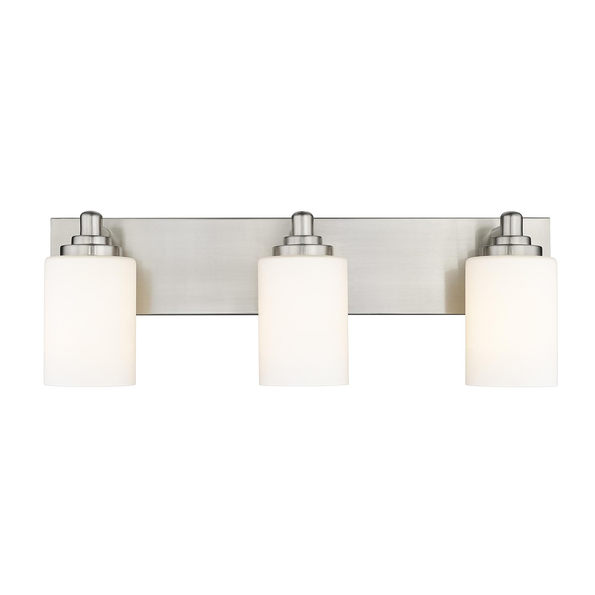 Shown in Brushed Nickel finish and White glass