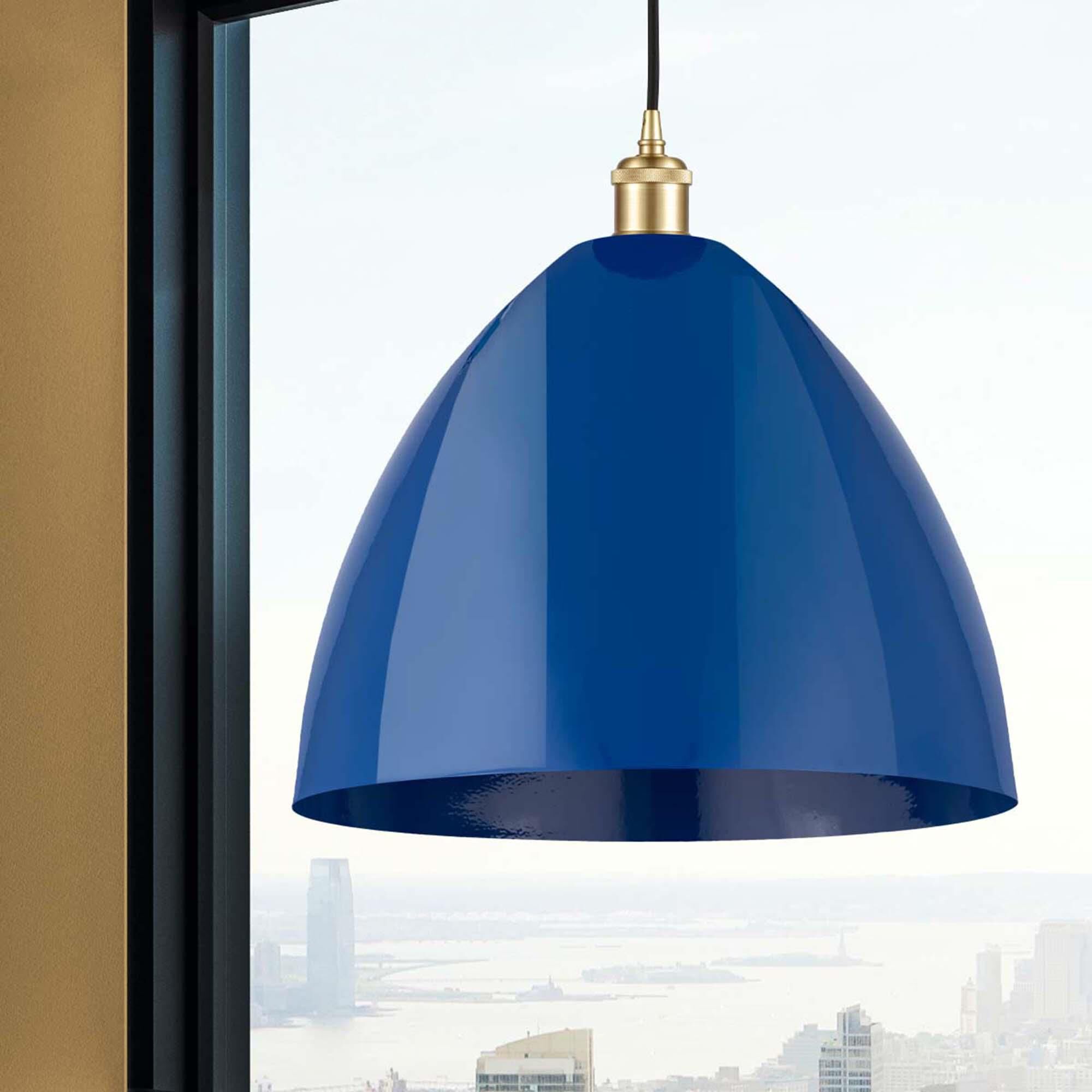 Shown in Satin Gold finish and Blue Plymouth Dome shade