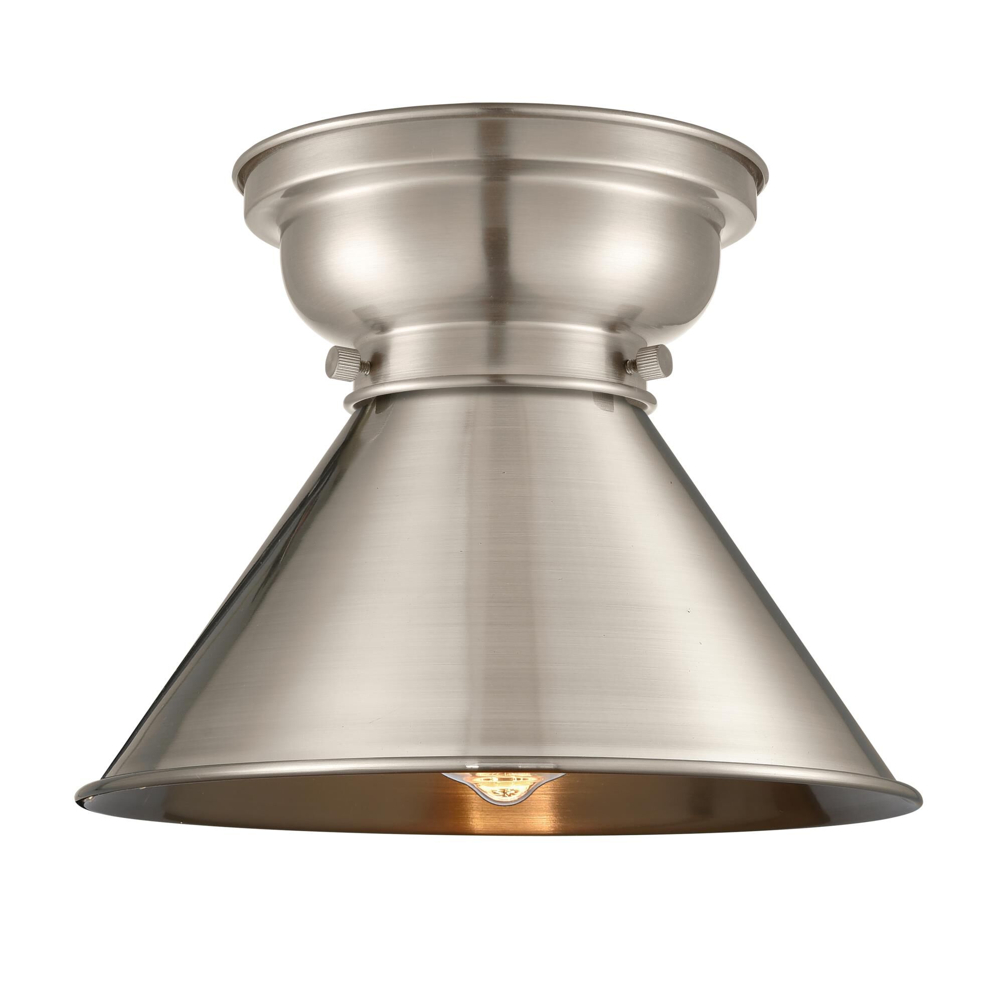 Shown in Brushed Satin Nickel finish and Cone glass and Metal shade