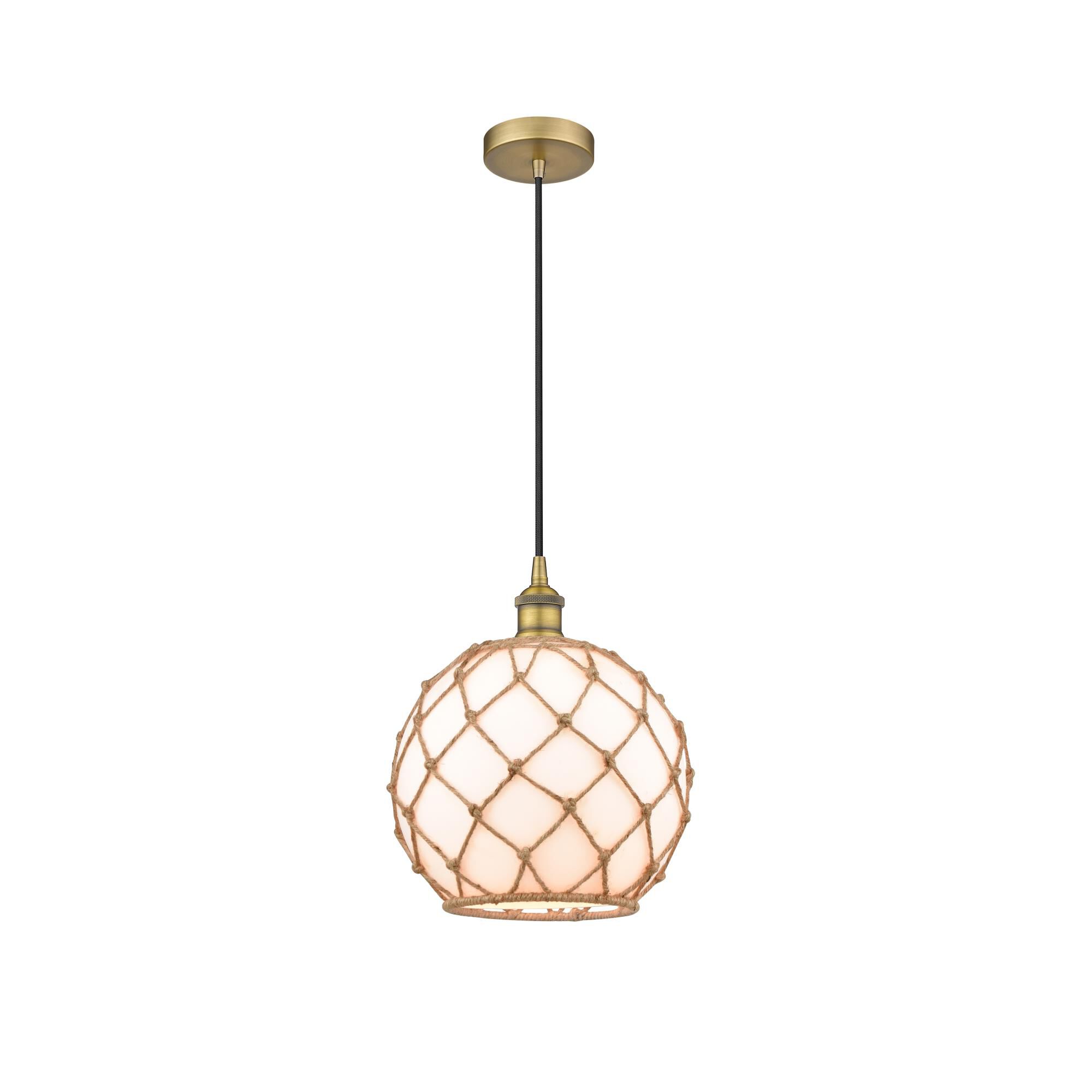 Shown in Brushed Brass finish and White Large Farmhouse  With Brown Rope glass