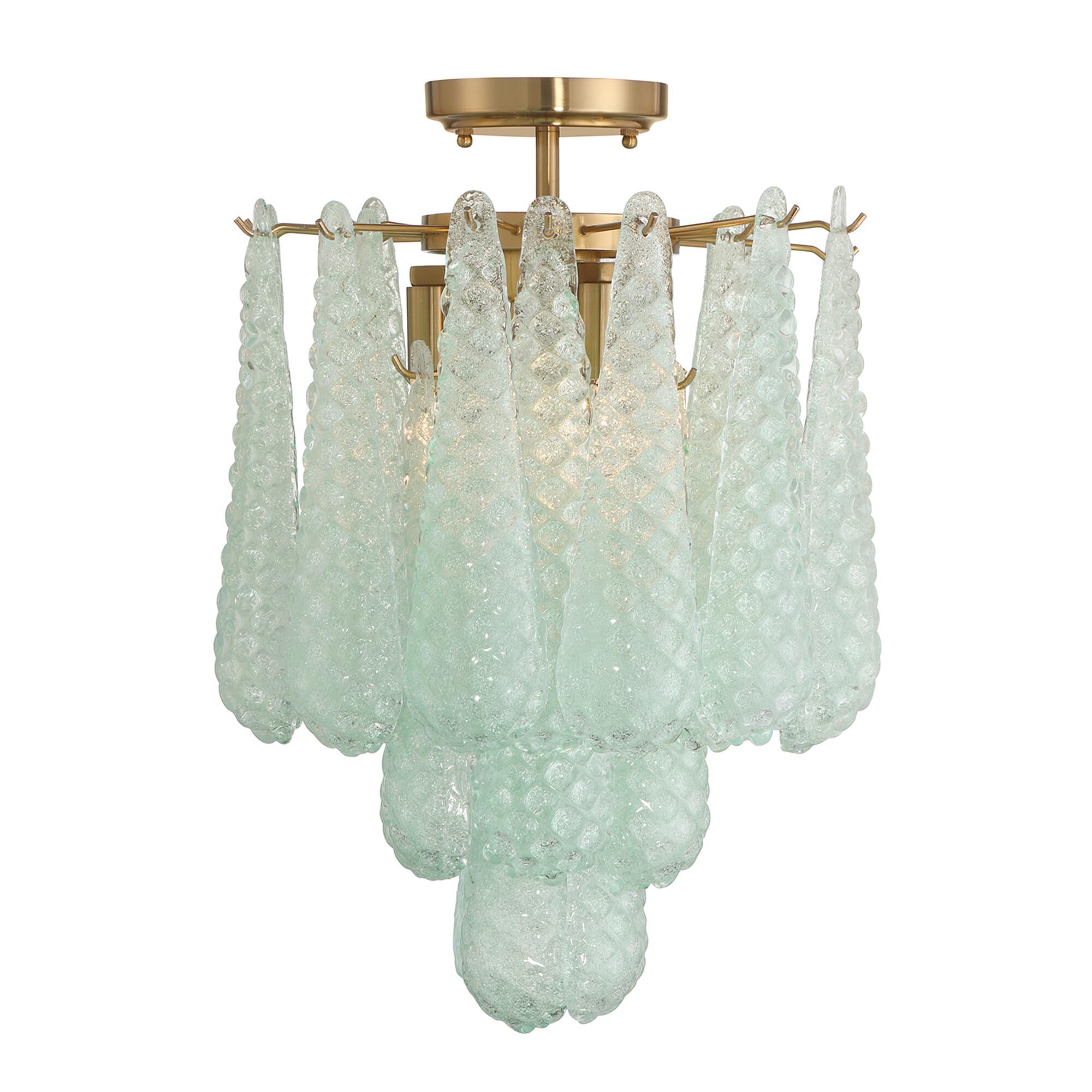 Shown in Aged Brass finish and Sand Green glass