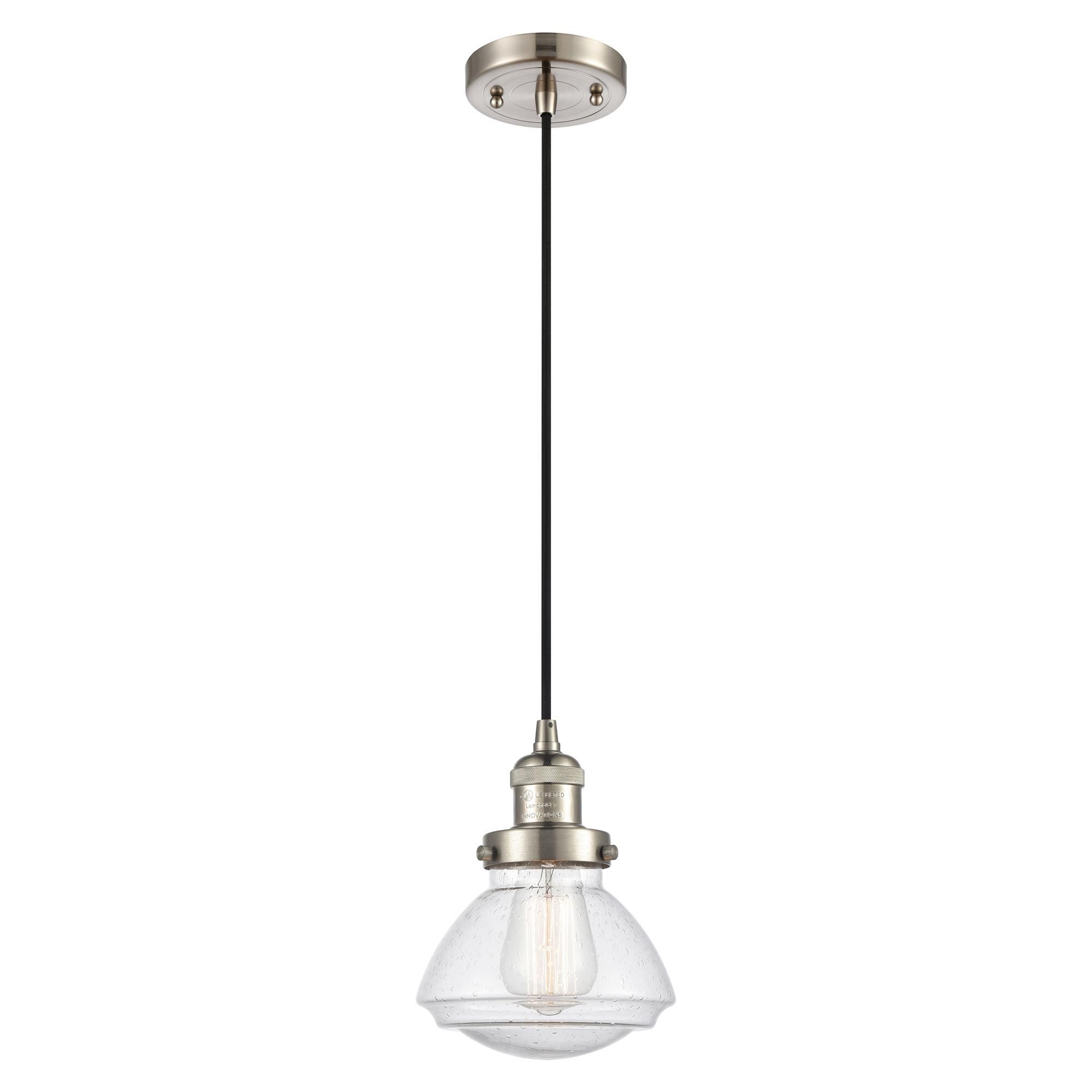 Shown in Brushed Satin Nickel finish and Seeded Seedy Olean glass and Bulb Tint - Amber accent