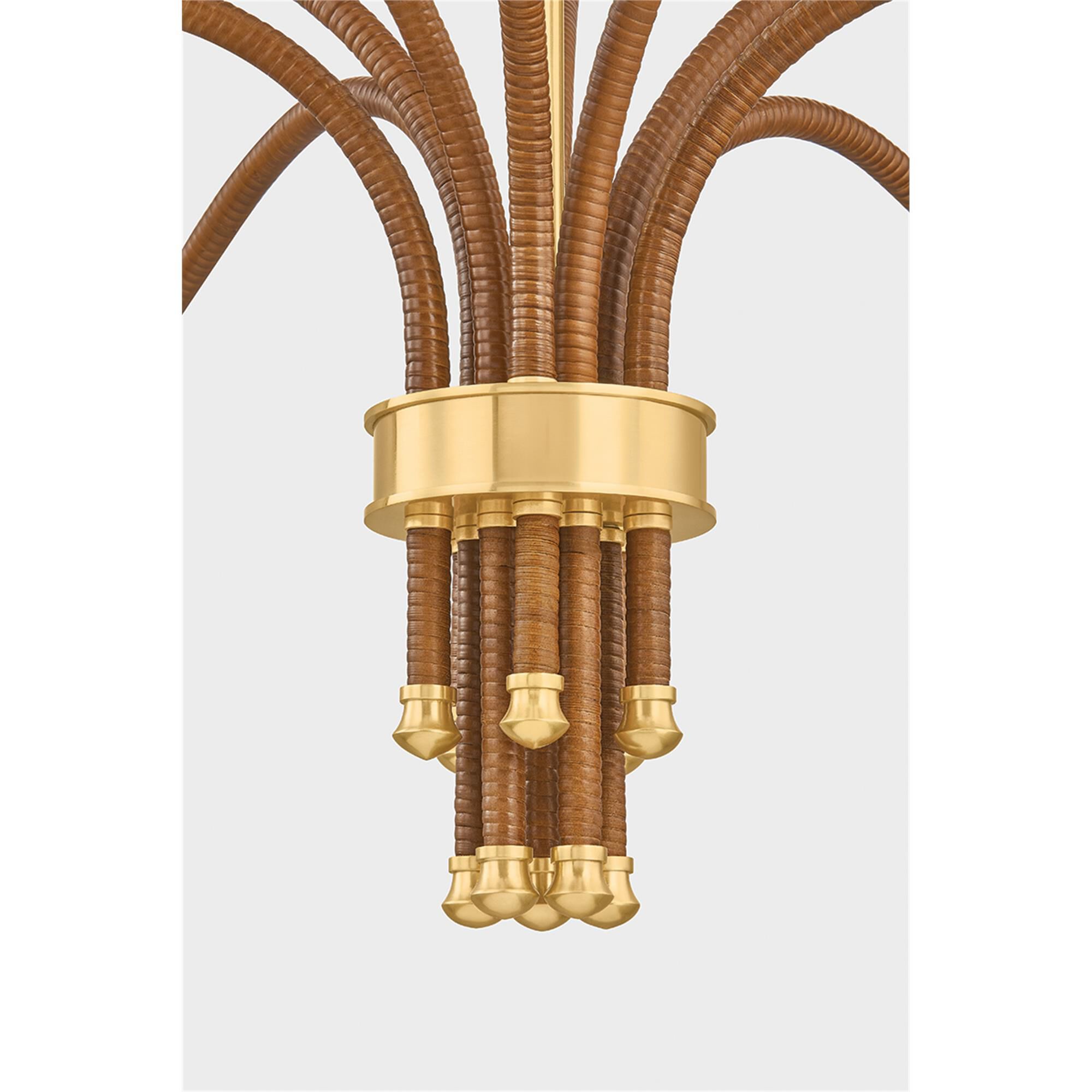 Shown in Aged Brass finish and Natural Woven Rattan shade