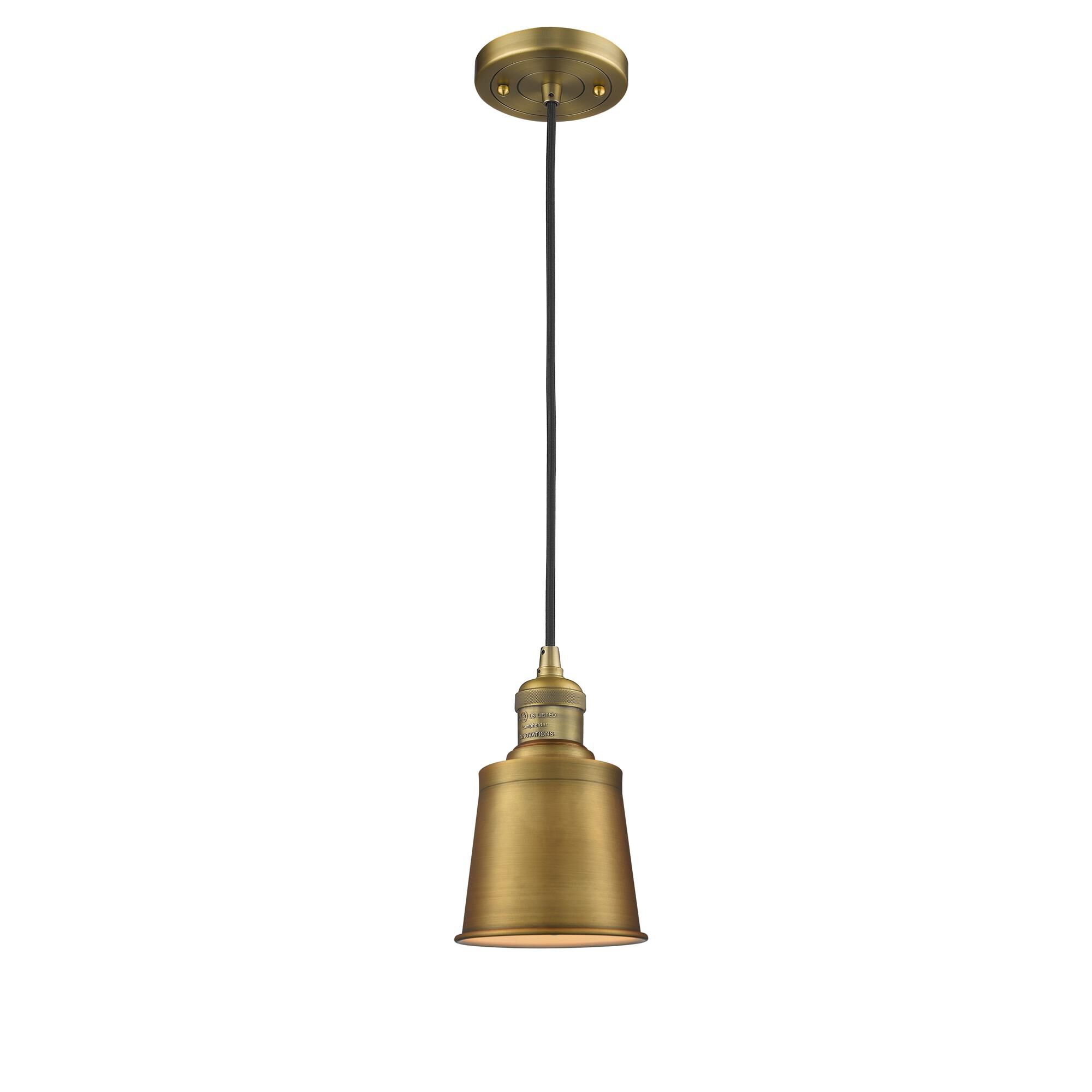 Shown in Brushed Brass finish and Brushed Brass glass and Brushed Brass shade and Black Textured Cord accent