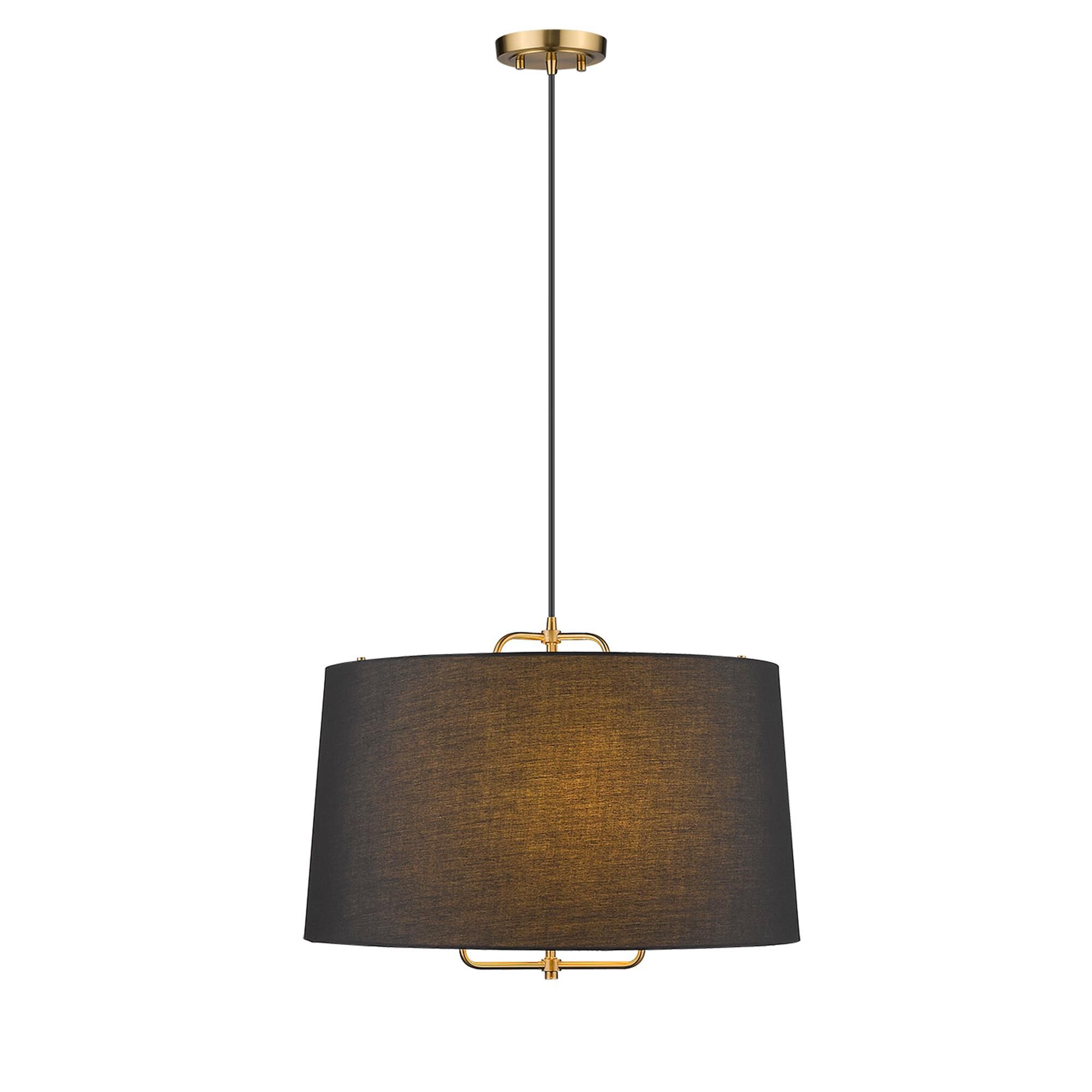 Shown in Gold finish and Matte Black glass and Black Hardback Linen Drum shade