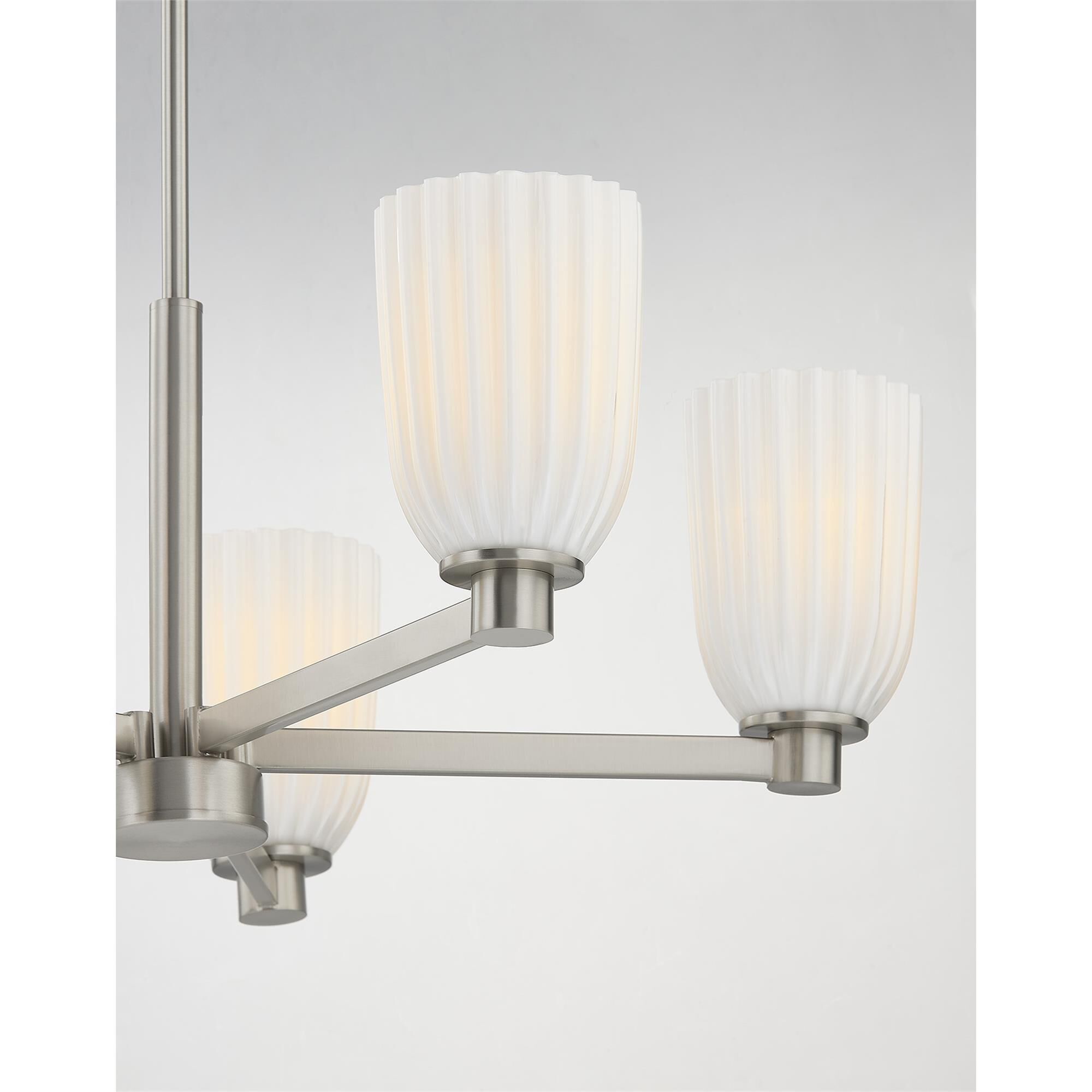 Shown in Satin Nickel finish and White Opal Ribbed glass