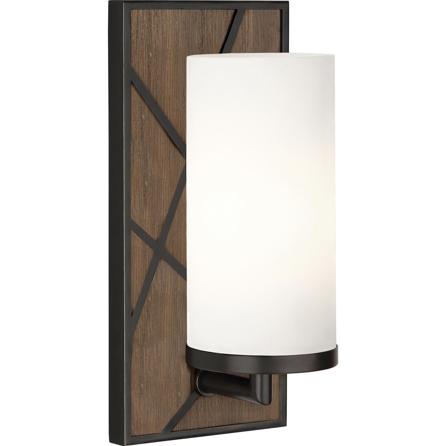 Shown in Smoked Walnut Wood  With Deep Patina Bronze Accents finish and Frosted Cased White Glass shade