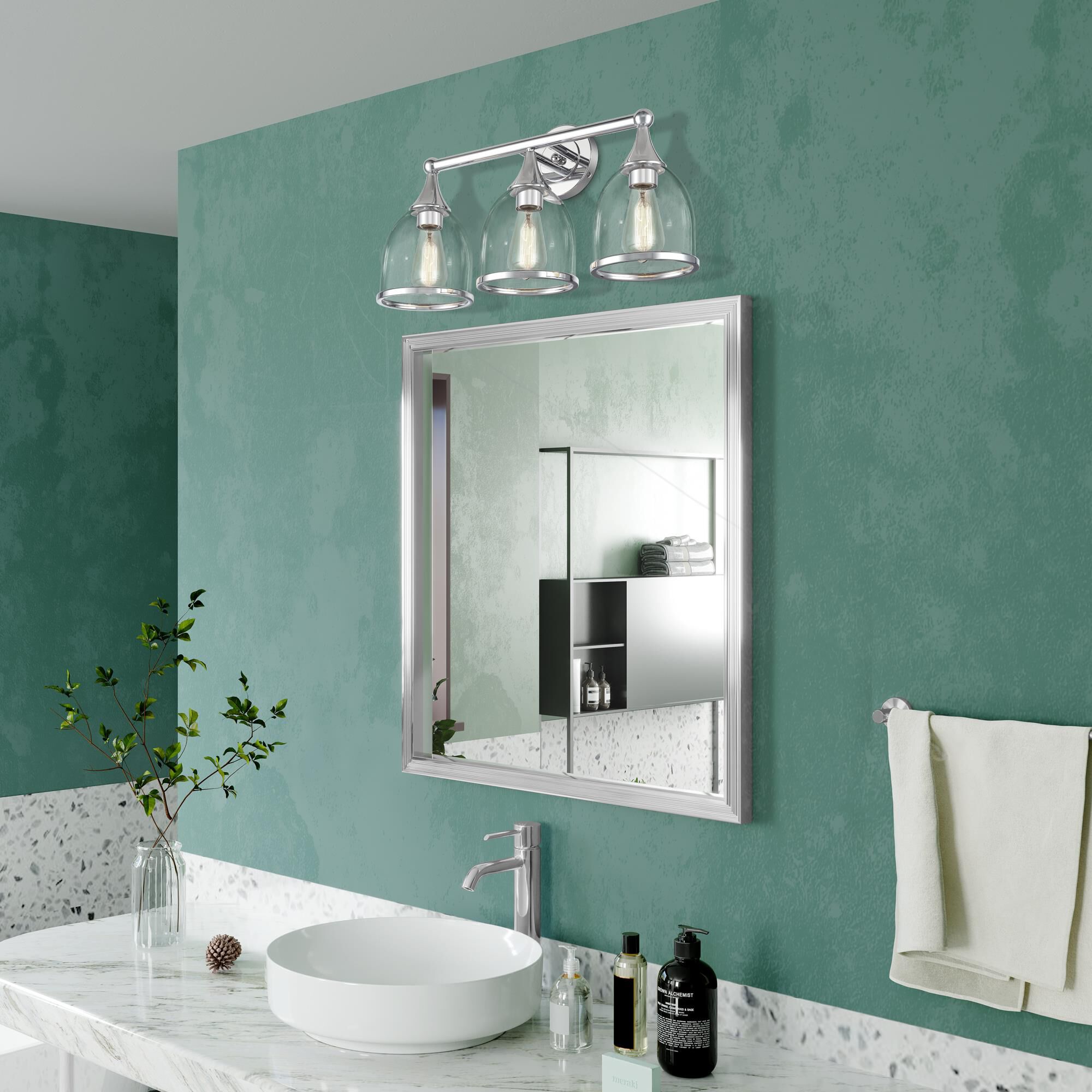 Shown in Polished Chrome finish and Mouth Blown Clear glass