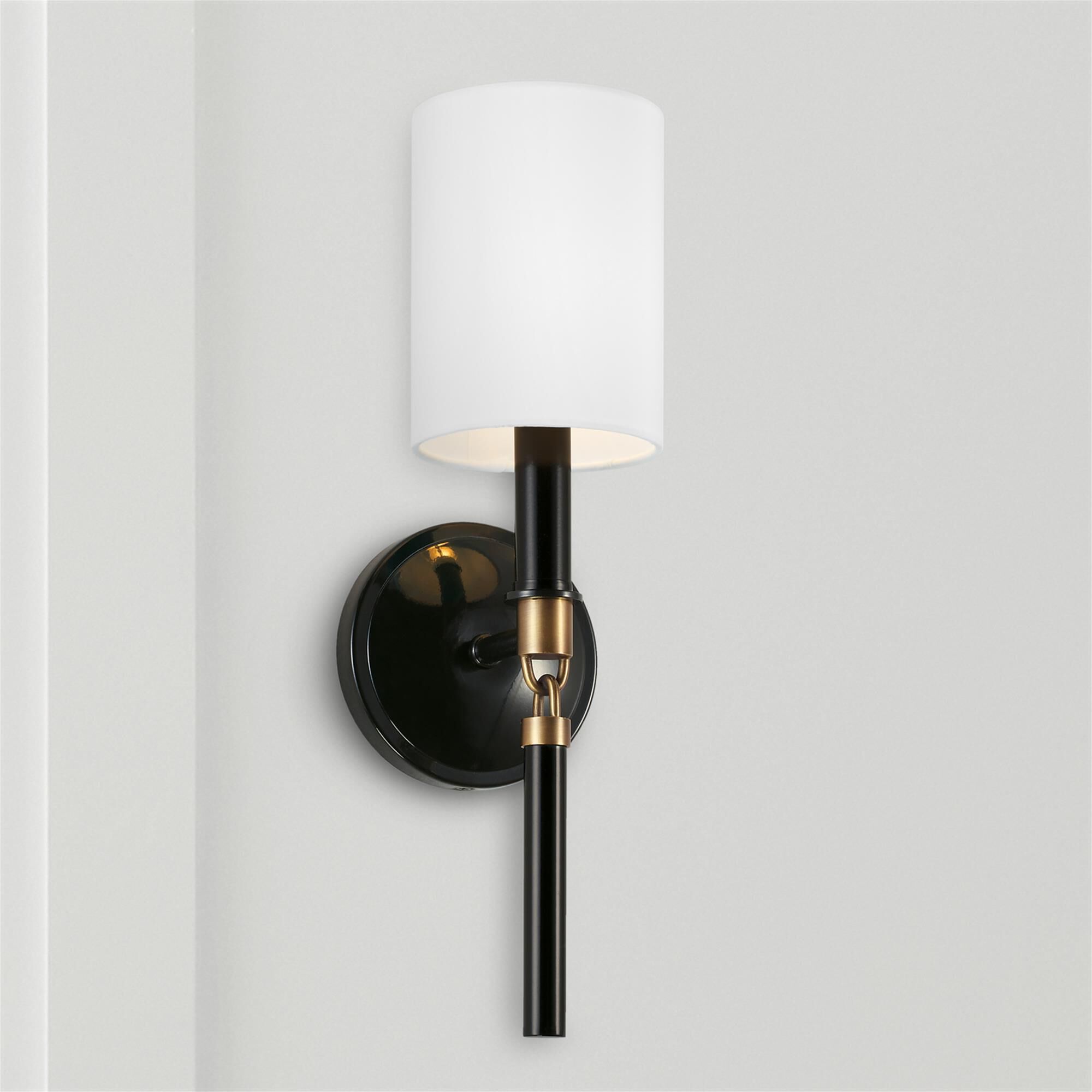 Shown in Glossy Black And Aged Brass finish and 700 glass and White Fabric Stay-Straight shade