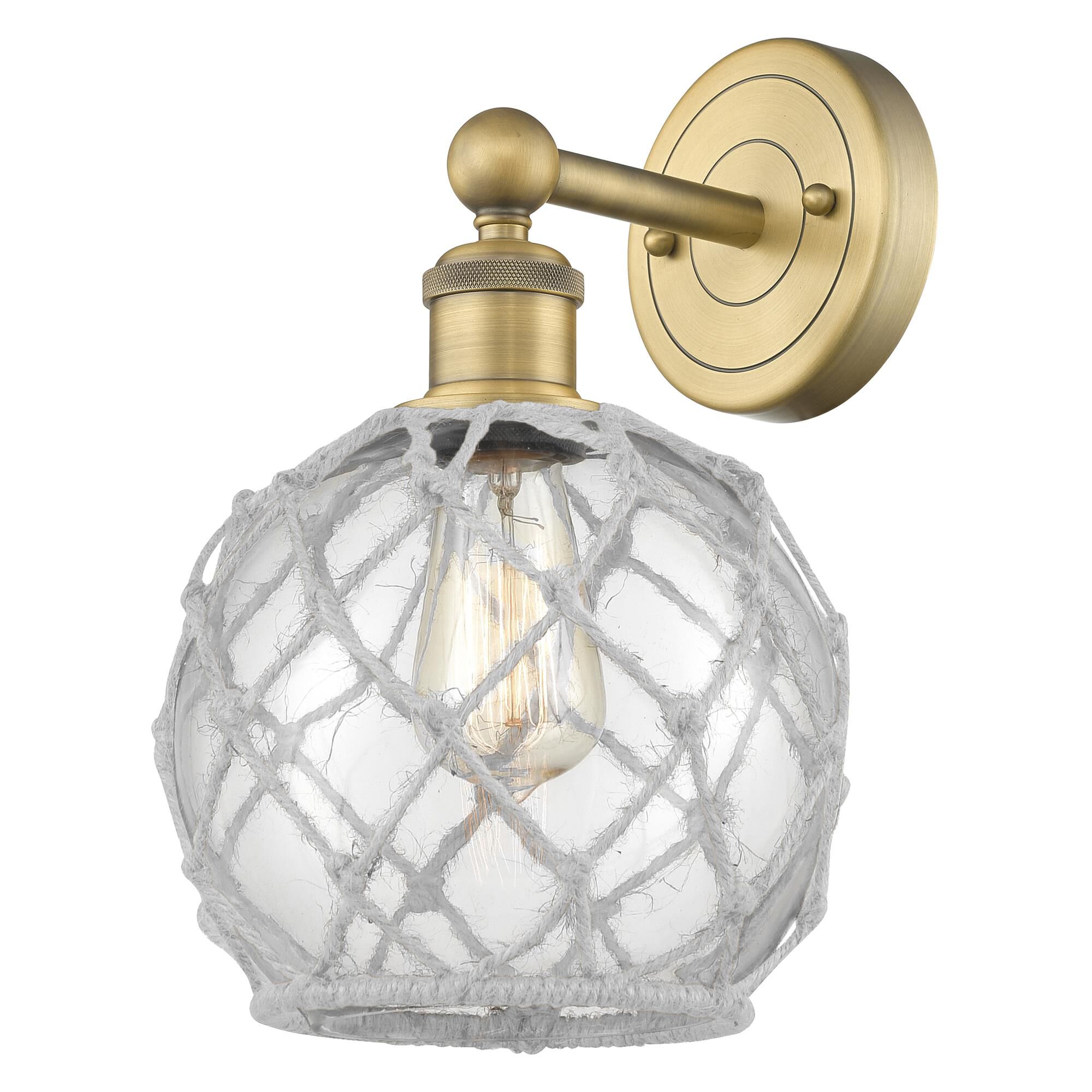 Shown in Brushed Brass finish and Clear with White Rope glass