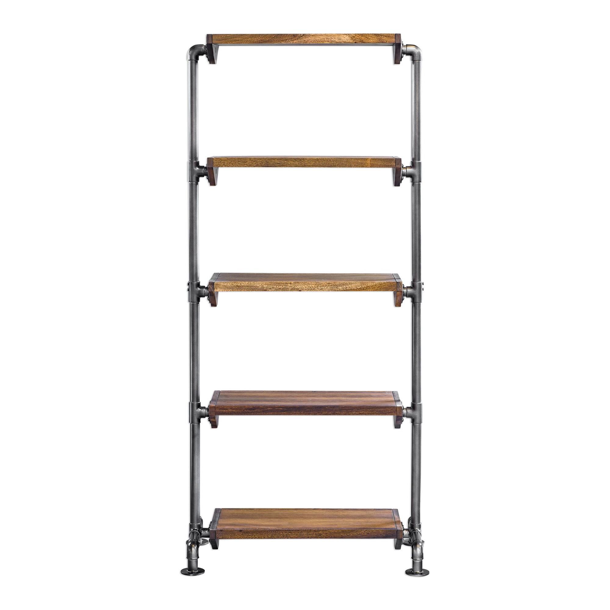 Shown in Featuring Industrial Iron Pipe Framework In Aged Gunmetal, With Shelves In Acacia Wood Wrapped In Ok finish