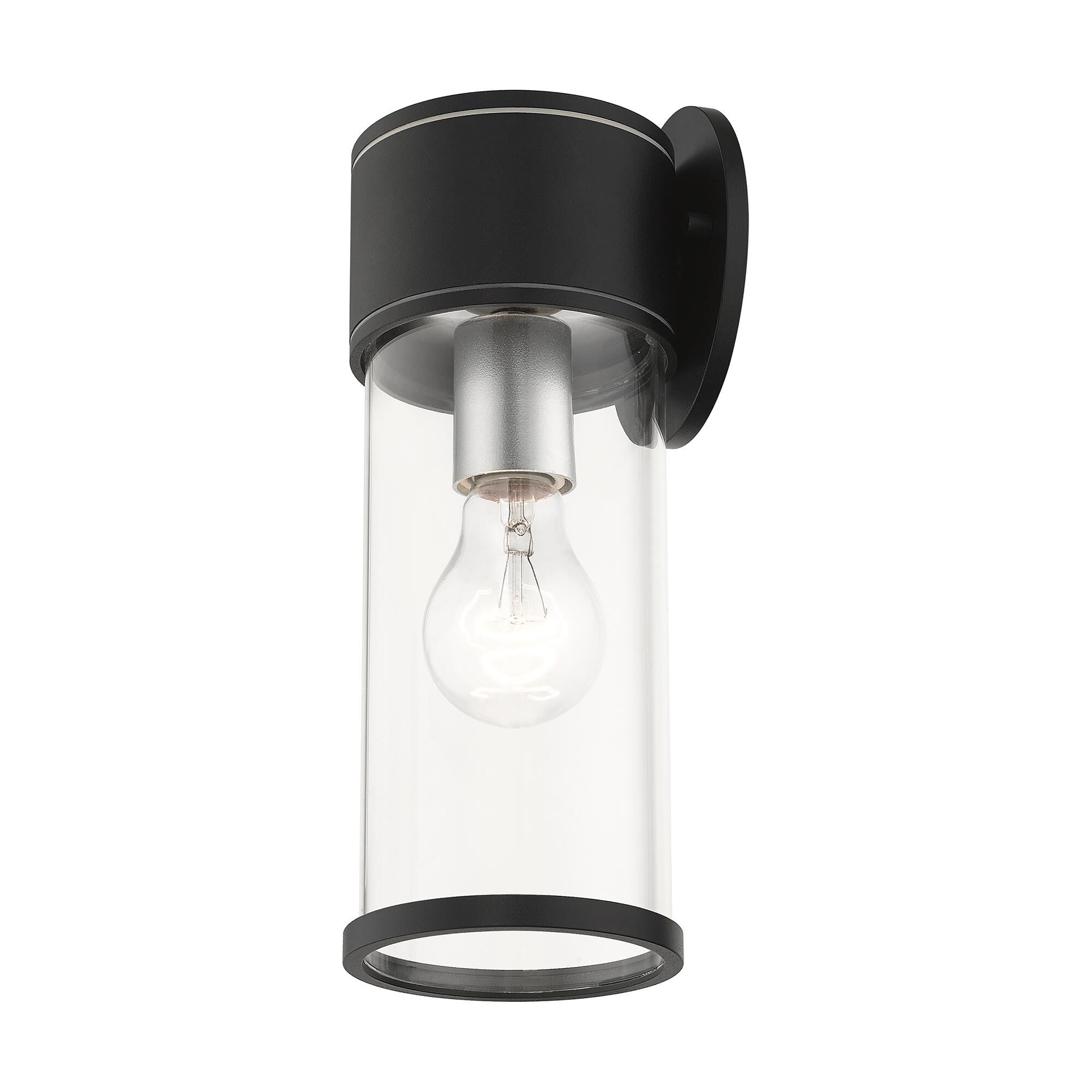 Shown in Textured Black With Antique Silver Accents finish and Clear glass