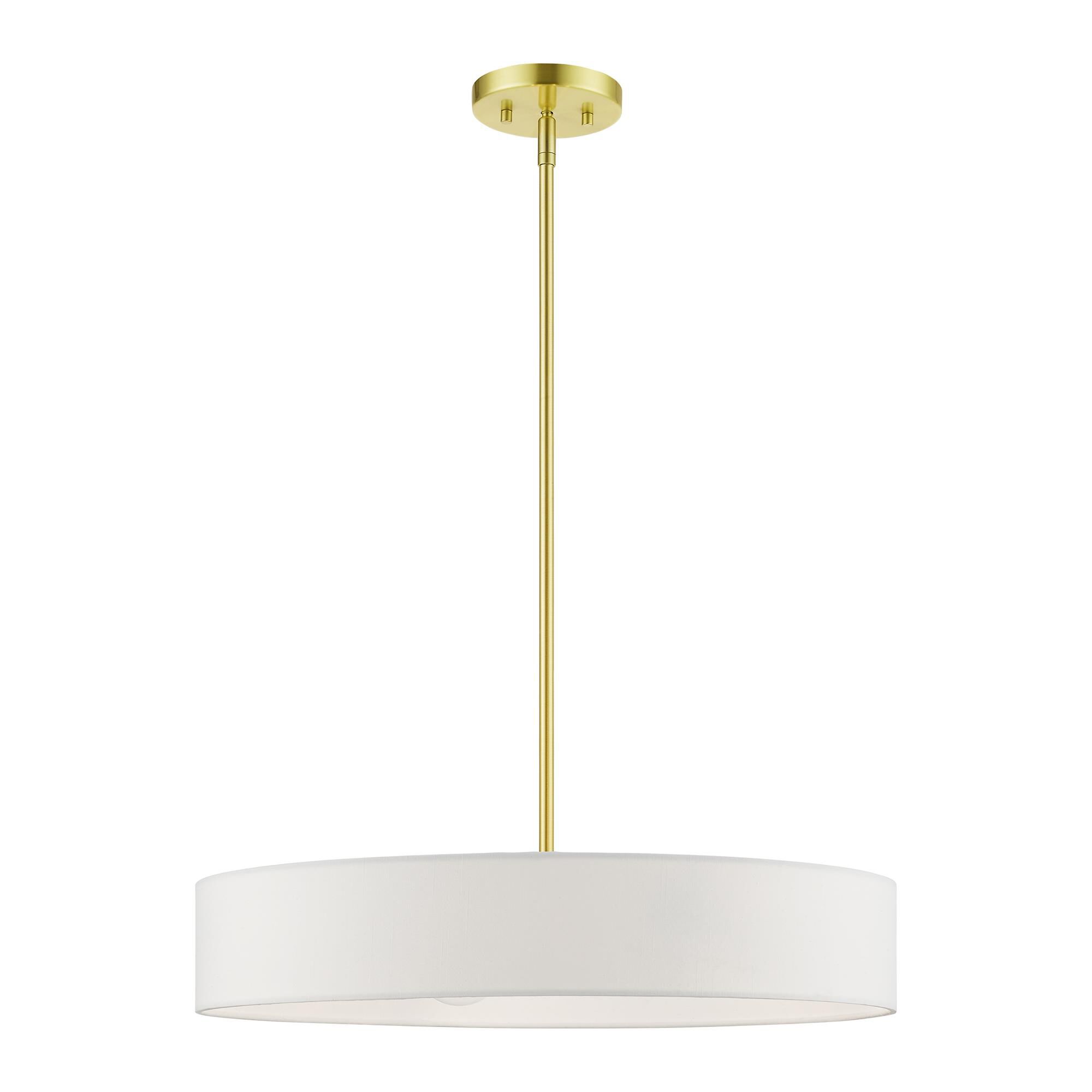 Shown in Satin Brass with Shiny White Accents finish and Hand Crafted Off-White Hardback Fabric shade