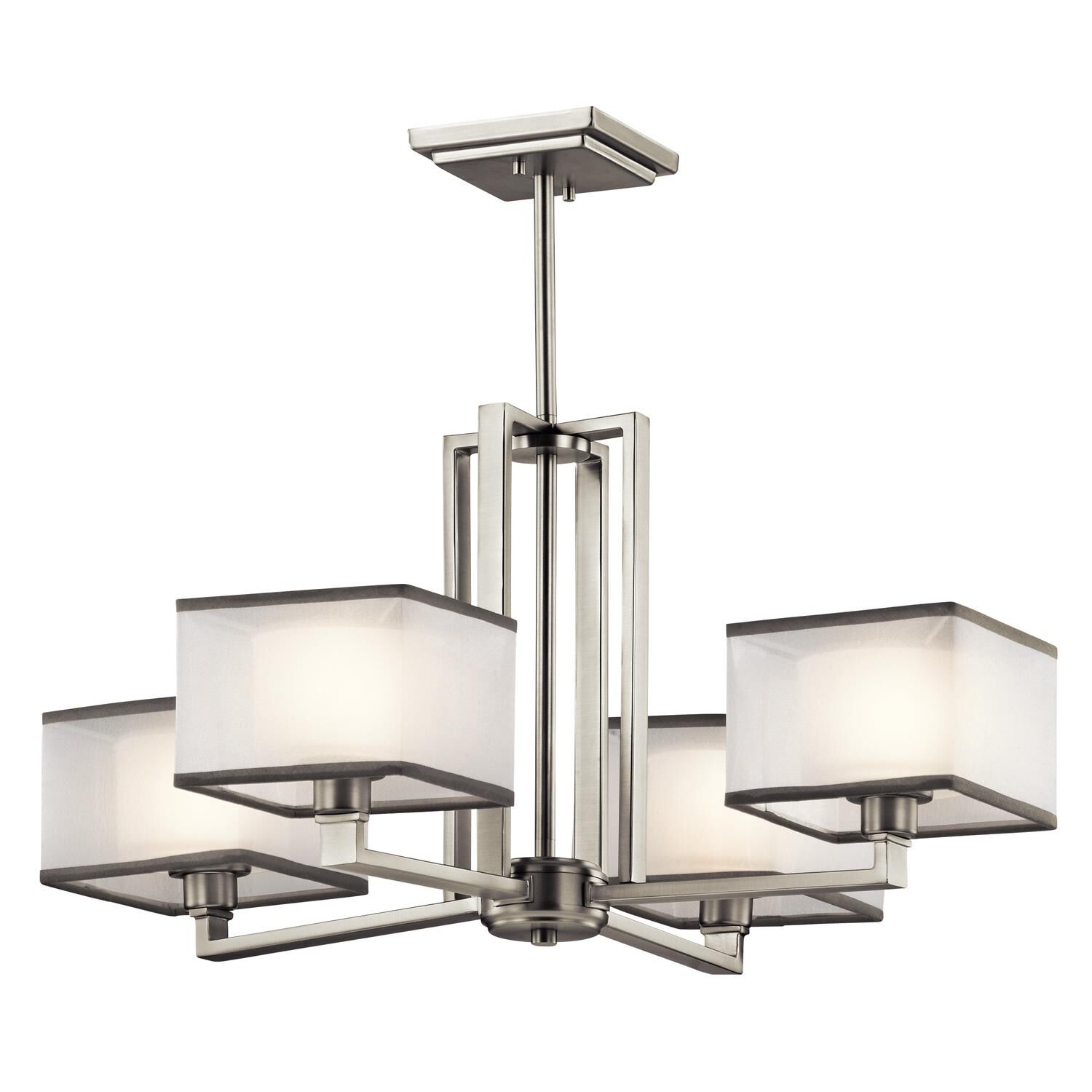 Shown in Brushed Nickel finish and Satin  Etched glass and White Organza  With Gray Trim shade
