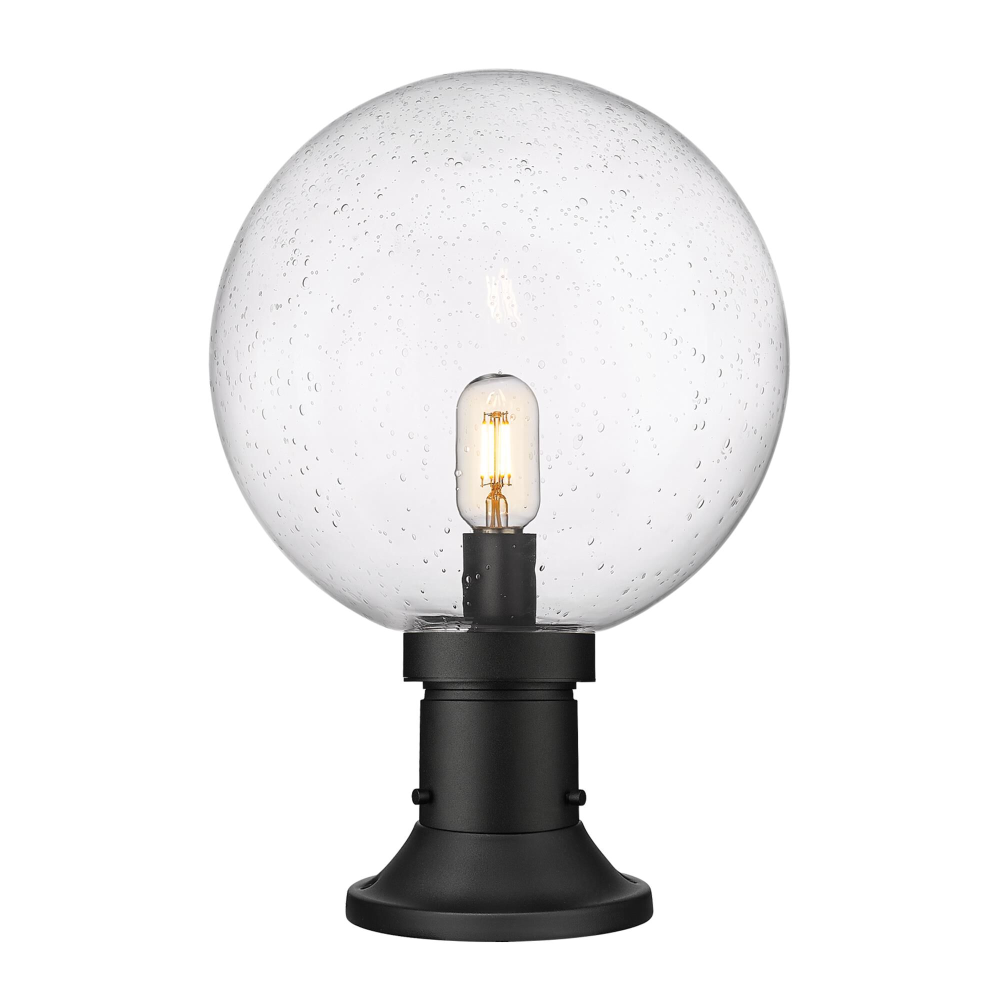 Shown in Black finish and Clear Seedy glass