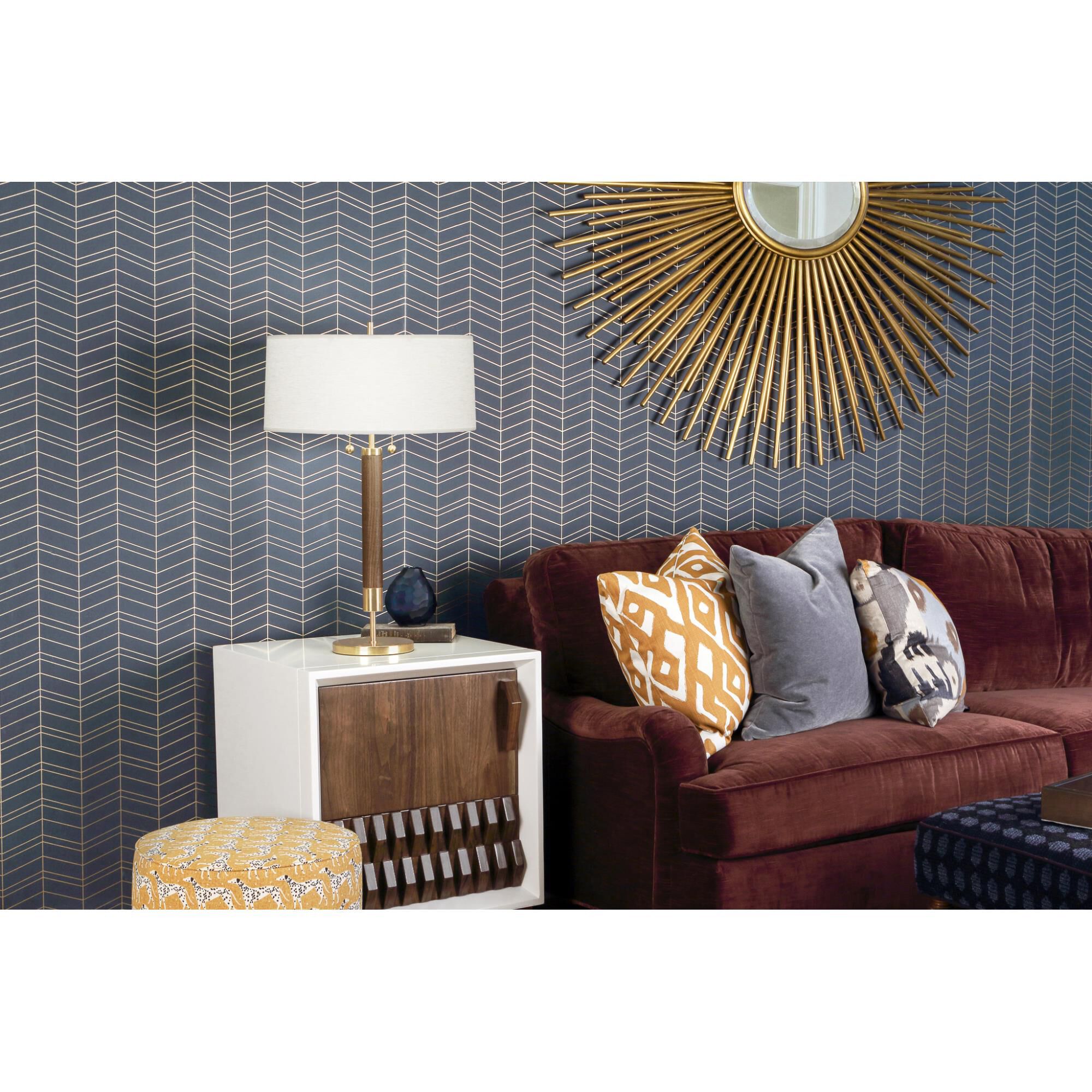 Shown in Modern Brass with Walnuted Wood finish and Oyster Linen shade