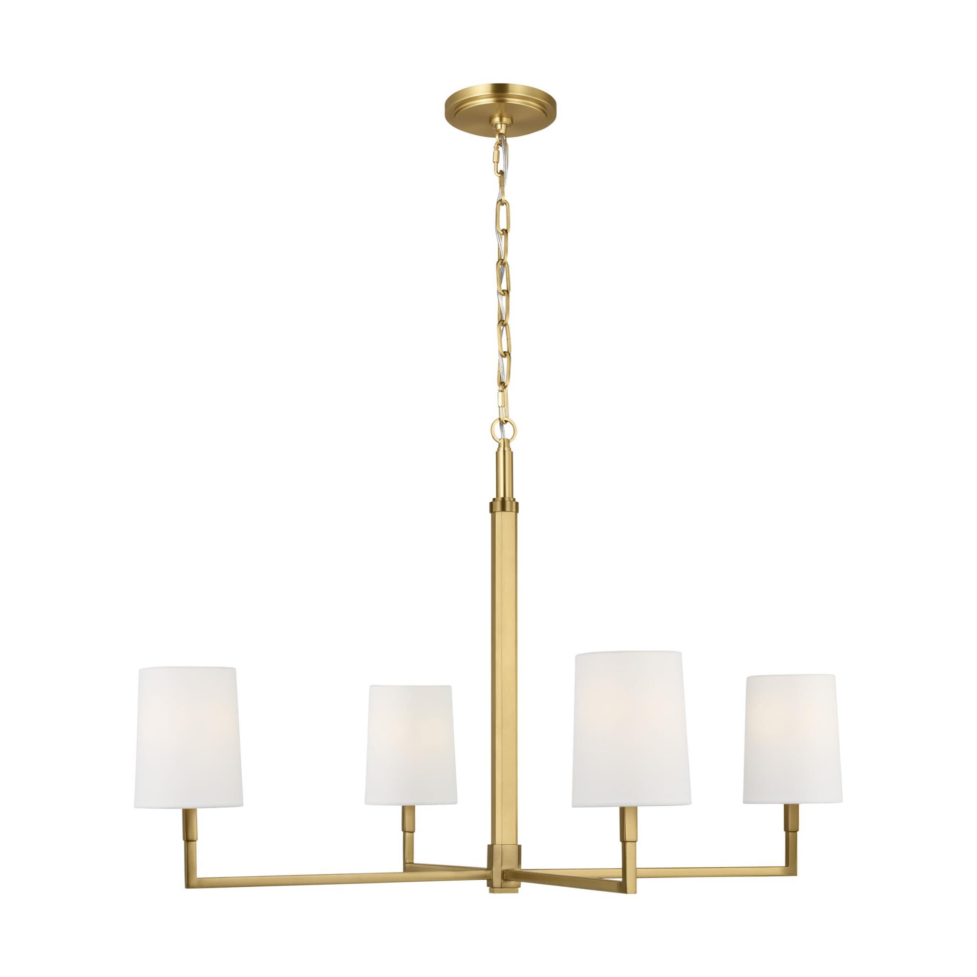 Shown in Burnished Brass finish and White Linen shade