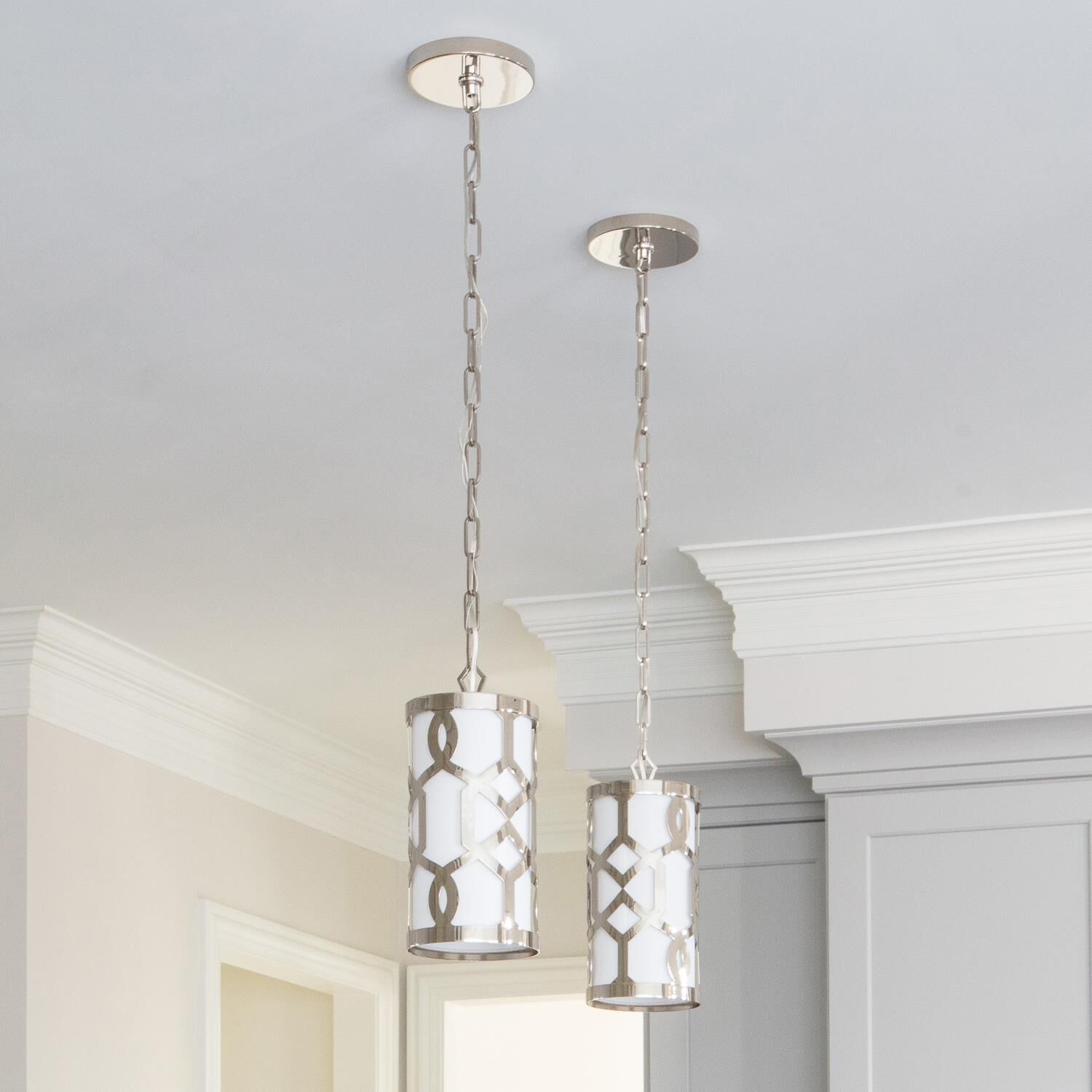 Shown in Polished Nickel finish and White Linen glass and White Linen shade