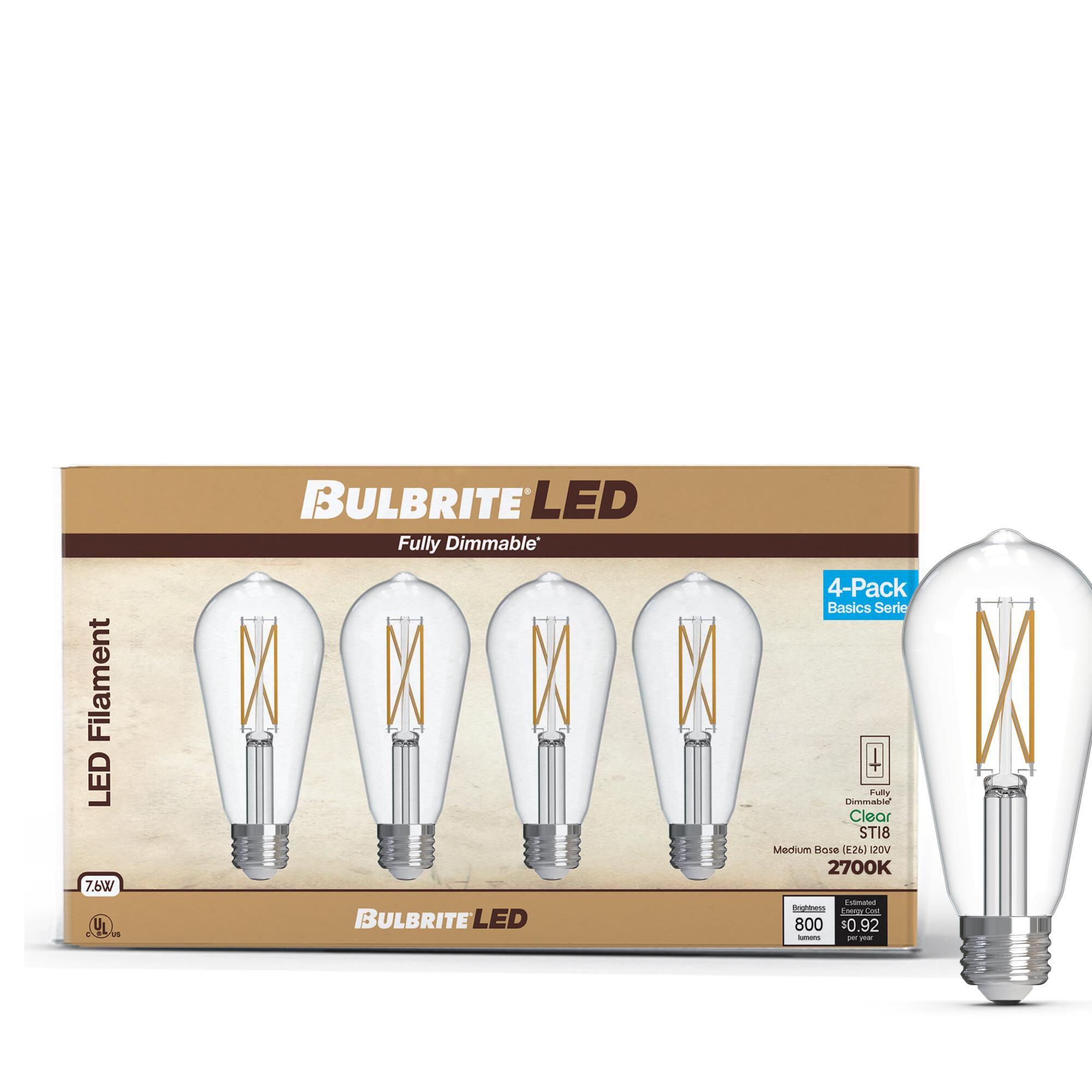 Clear ST18 Base E26 2700K LED Light Bulb Pack of 4,