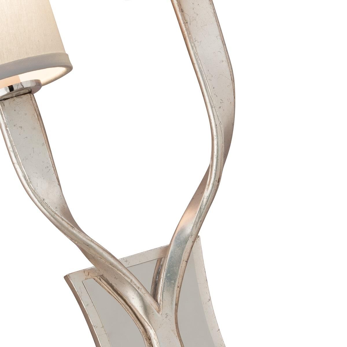 Shown in Modern Silver Leaf With Polished Stainless Accents finish and Cream glass and Hardback Linen shade