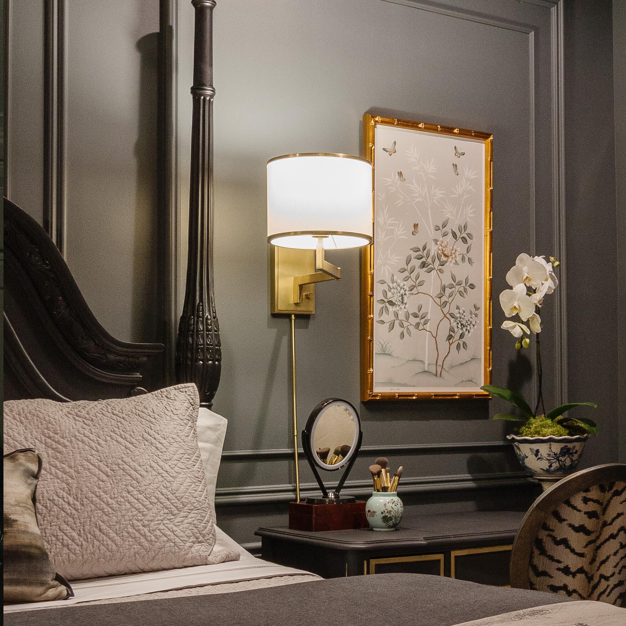 Shown in Aged Brass finish and Silk glass and White shade