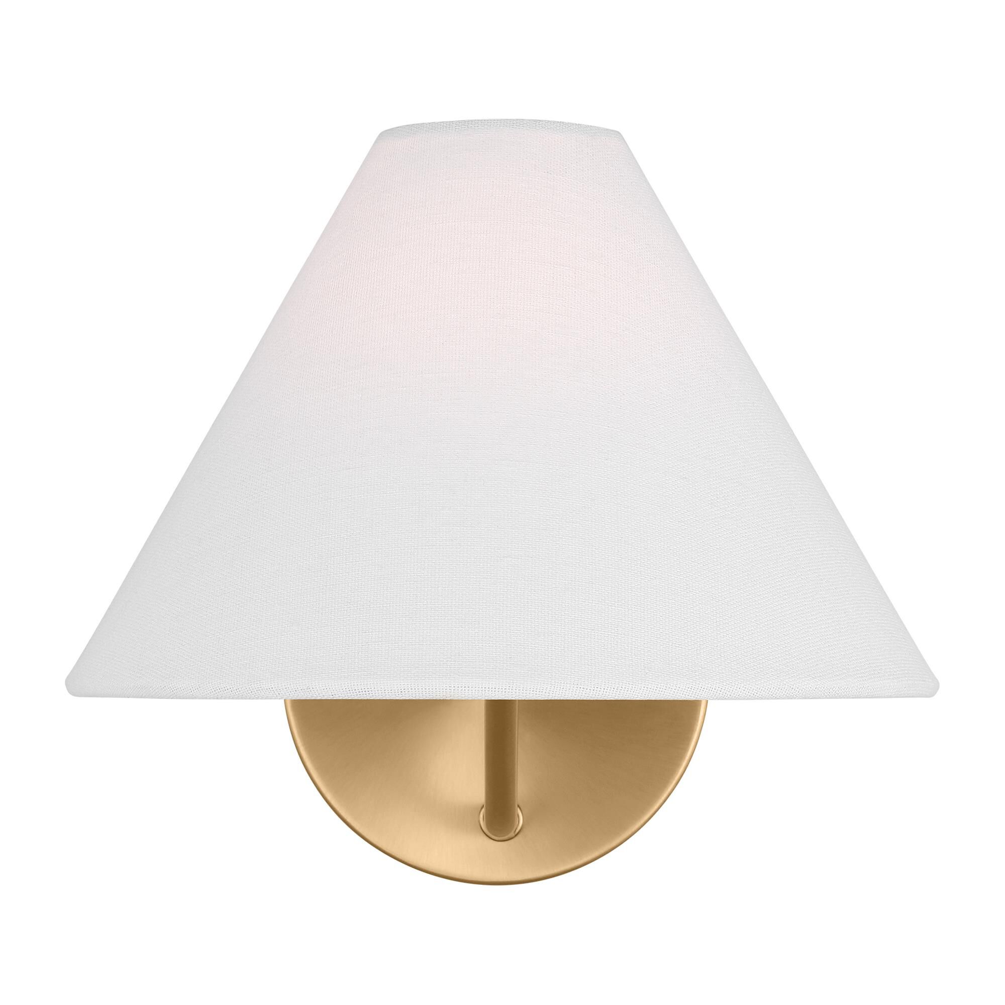 Shown in Satin Brass finish and White Linen Fabric shade