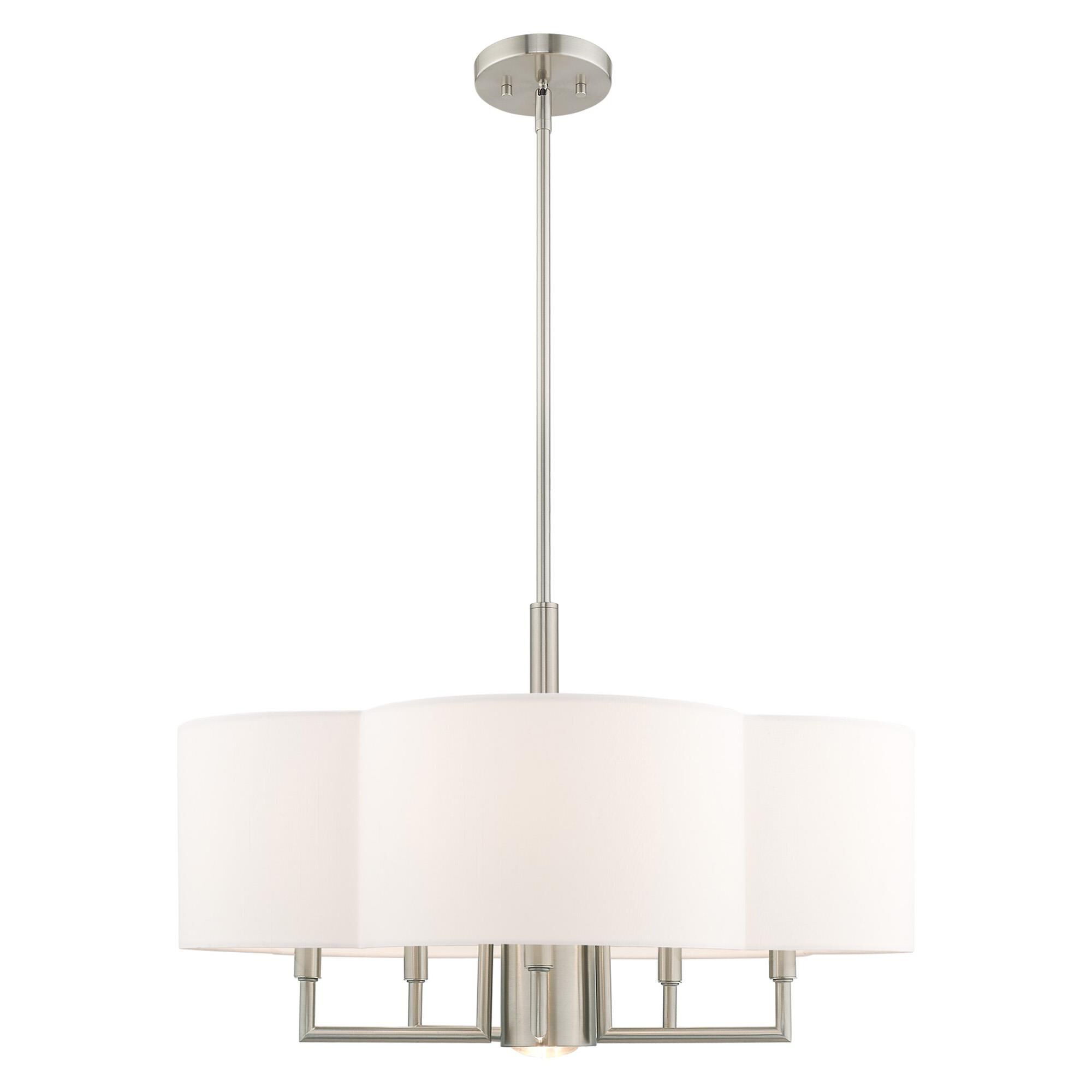 Shown in Brushed Nickel finish and Hand Crafted Off-White Fabric Hardback shade