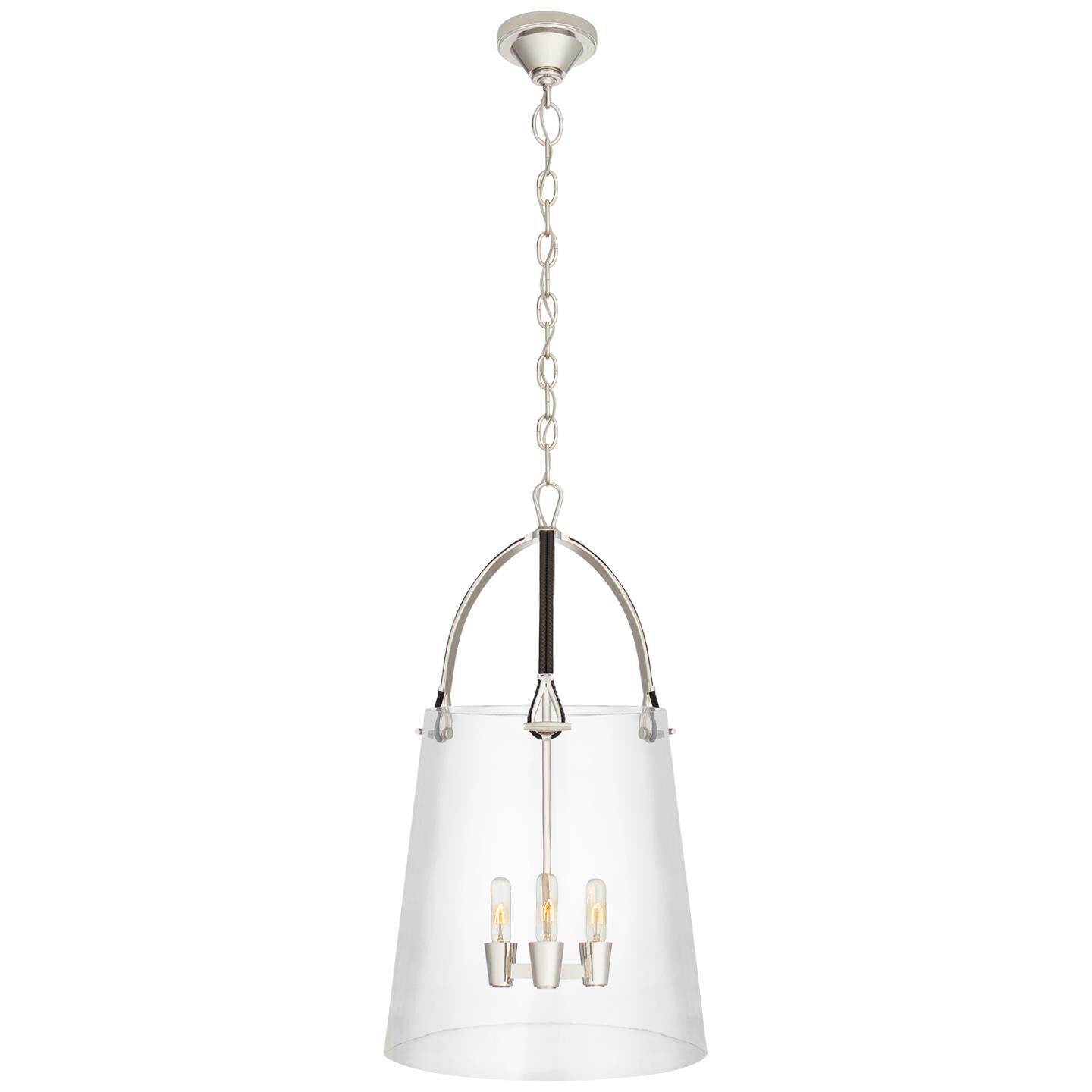 Shown in Polished Nickel And Chocolate Leather finish and Clear glass