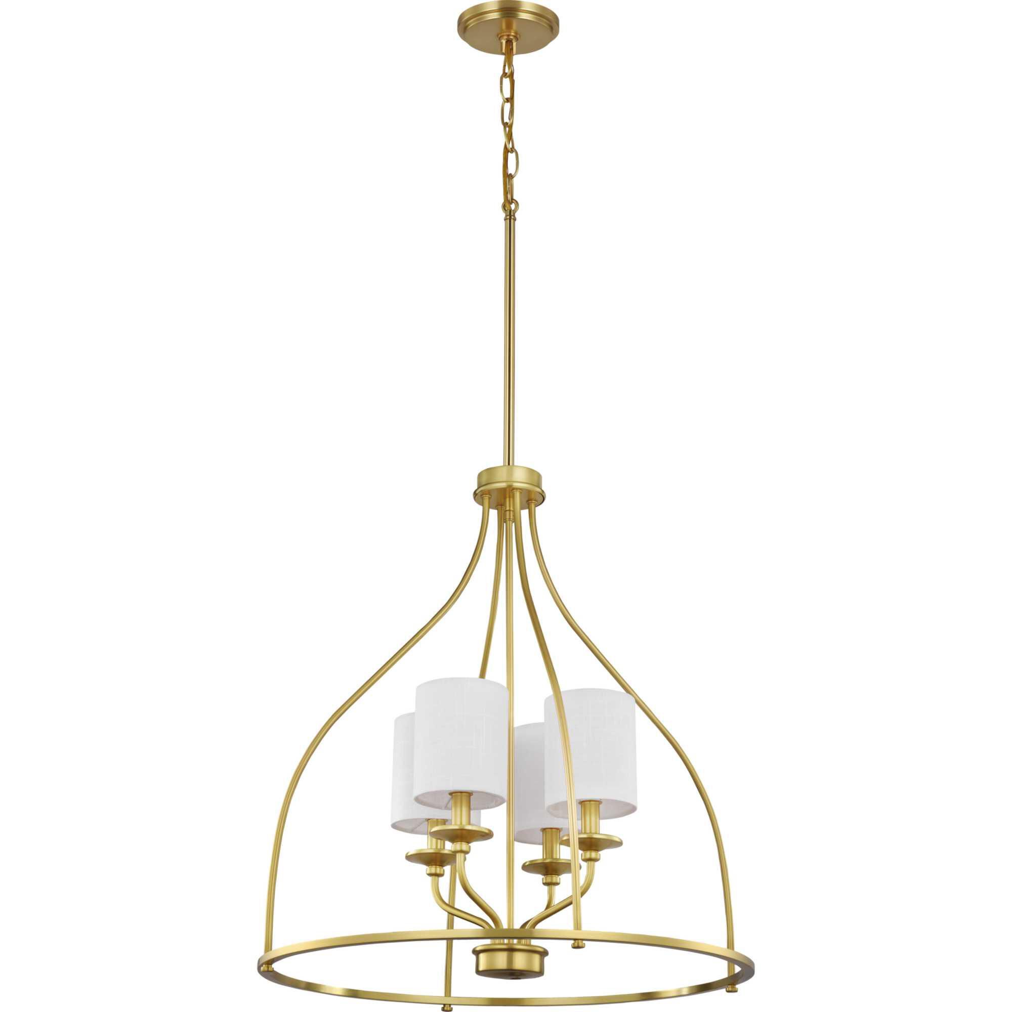 Shown in Satin Brass finish and White Linen glass