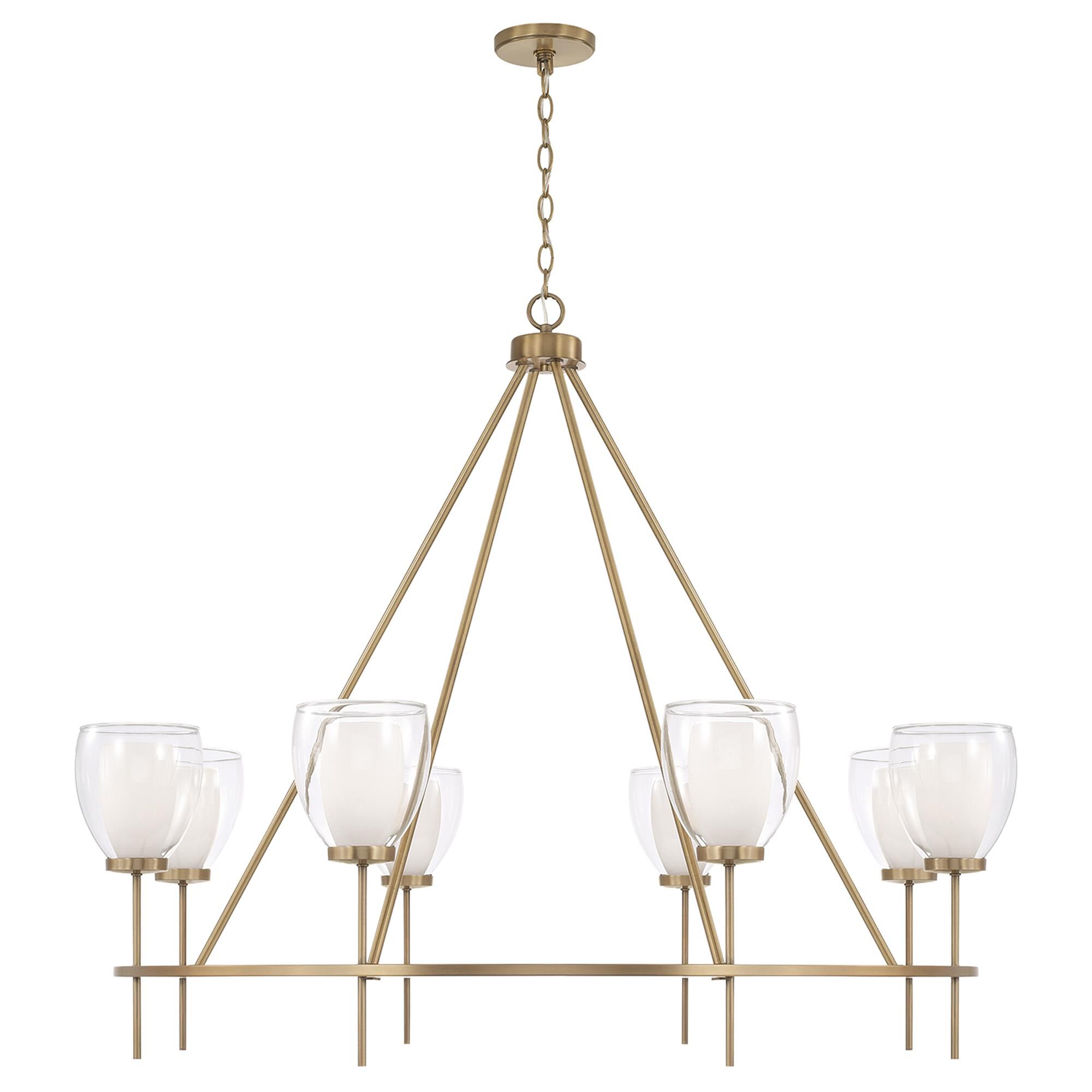 Shown in Aged Brass finish and Layered White And Clear glass