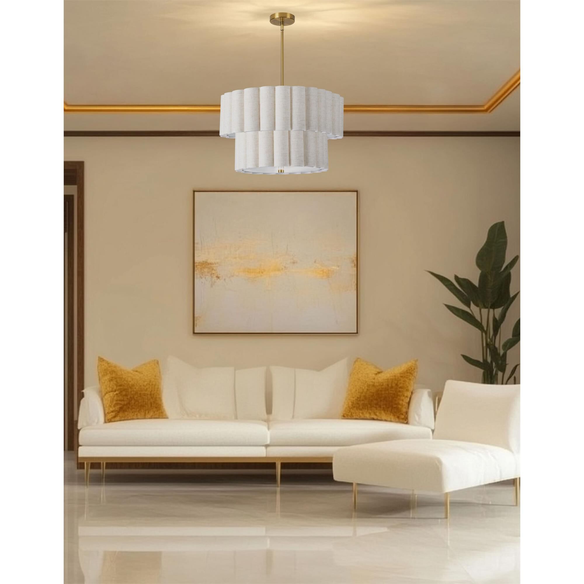 Shown in Aged Brass finish and Flax shade