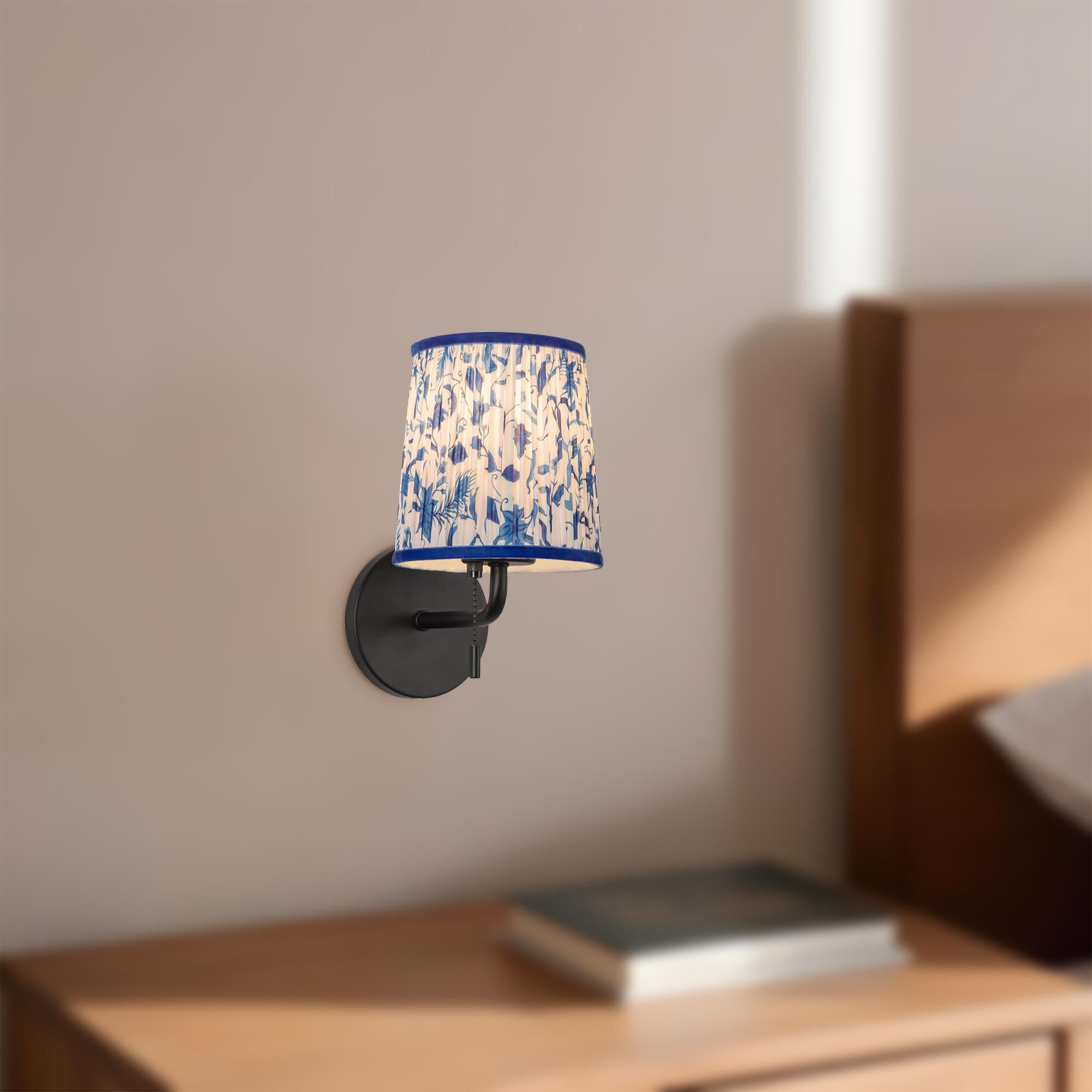 Shown in Matte Black finish and Blue Linen shade